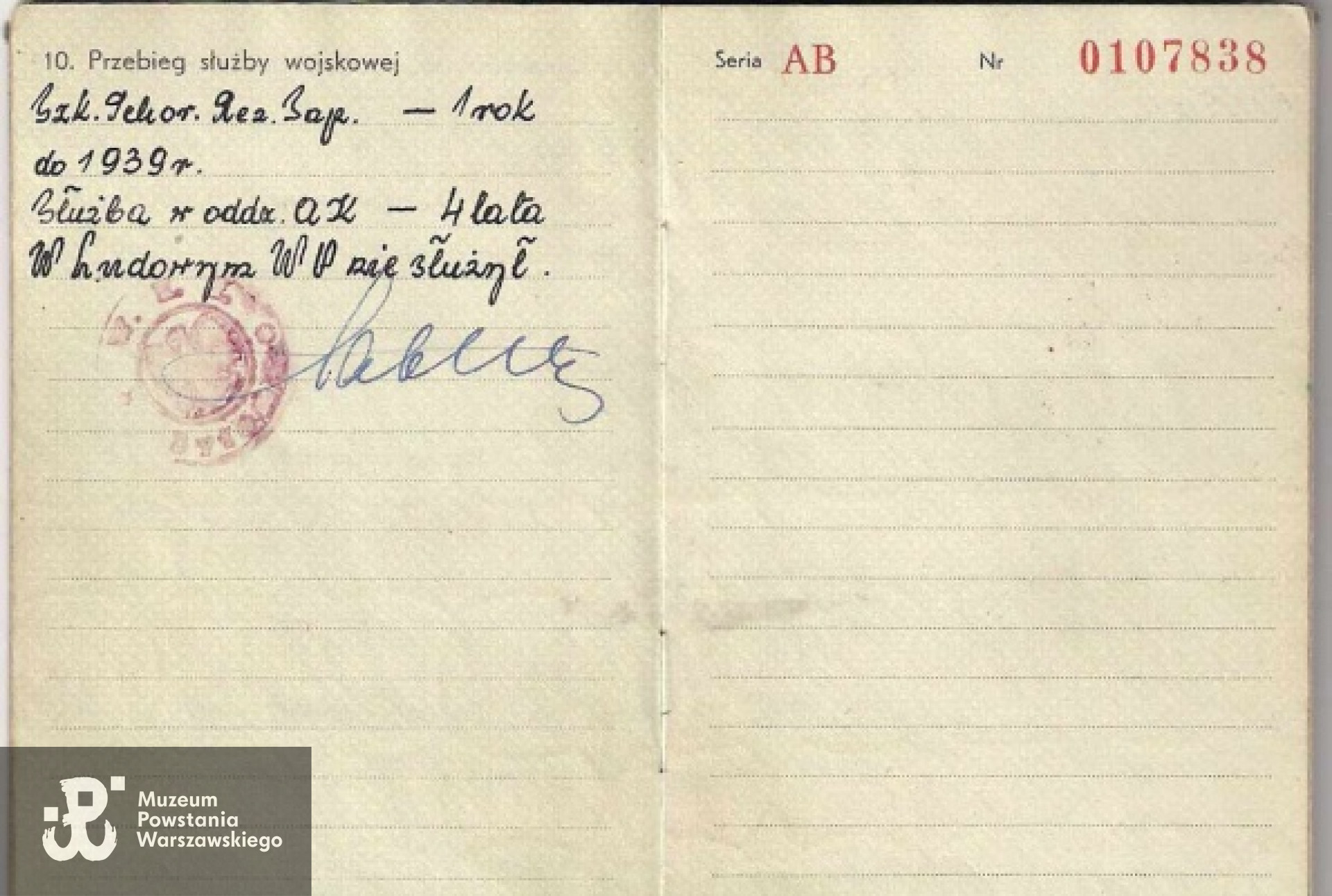 Bolesław Stanisław Koehler - Legitymacja Wojskowa oficera rezerwy z 1950 r. - Przebieg służby z ujawnioną służba w Armii Krajowej