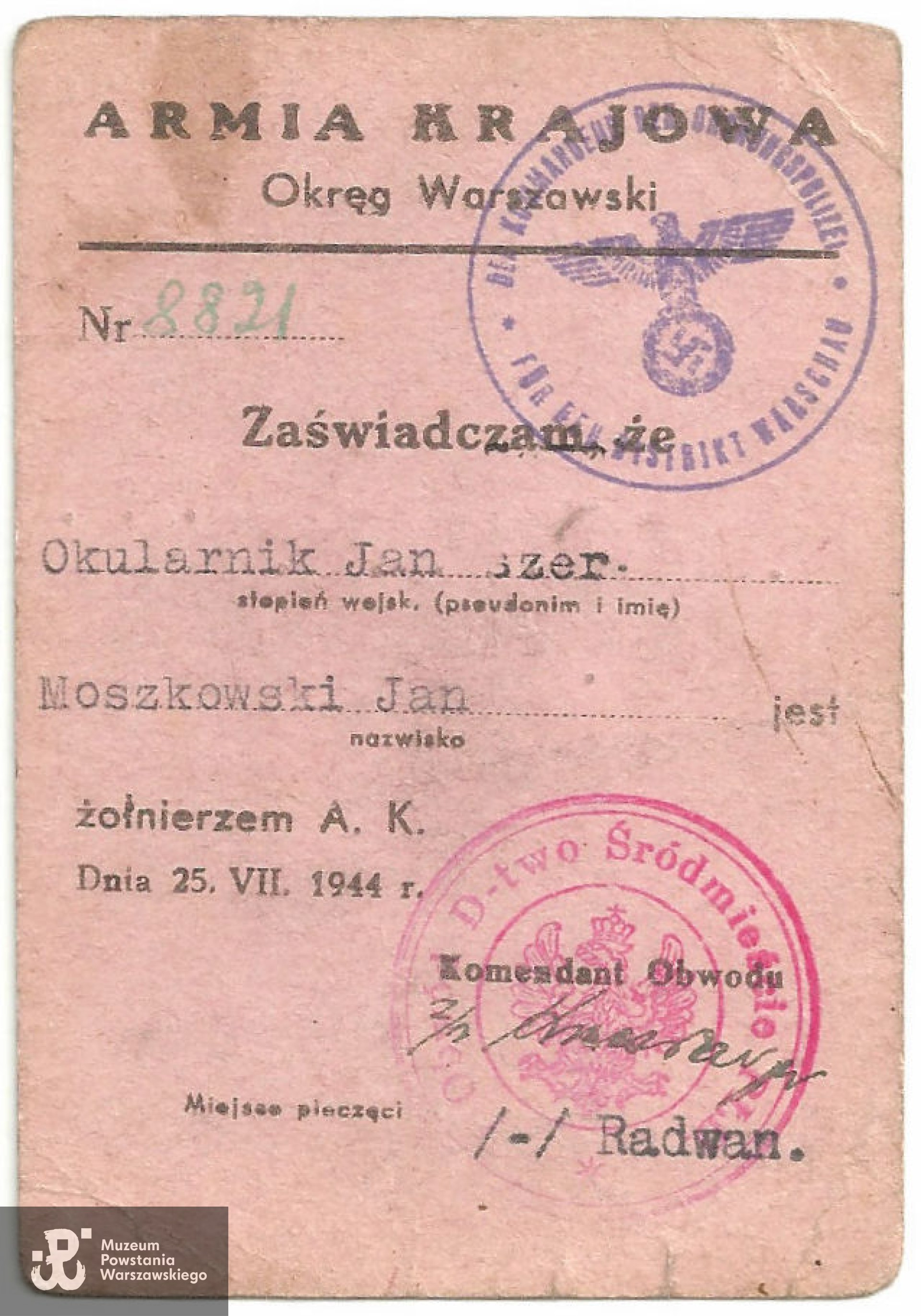 Należąca do Jana Moszkowskiego legitymacja Armii Krajowej. Skan udostępniła p. Zofia Moszkowska (2010)