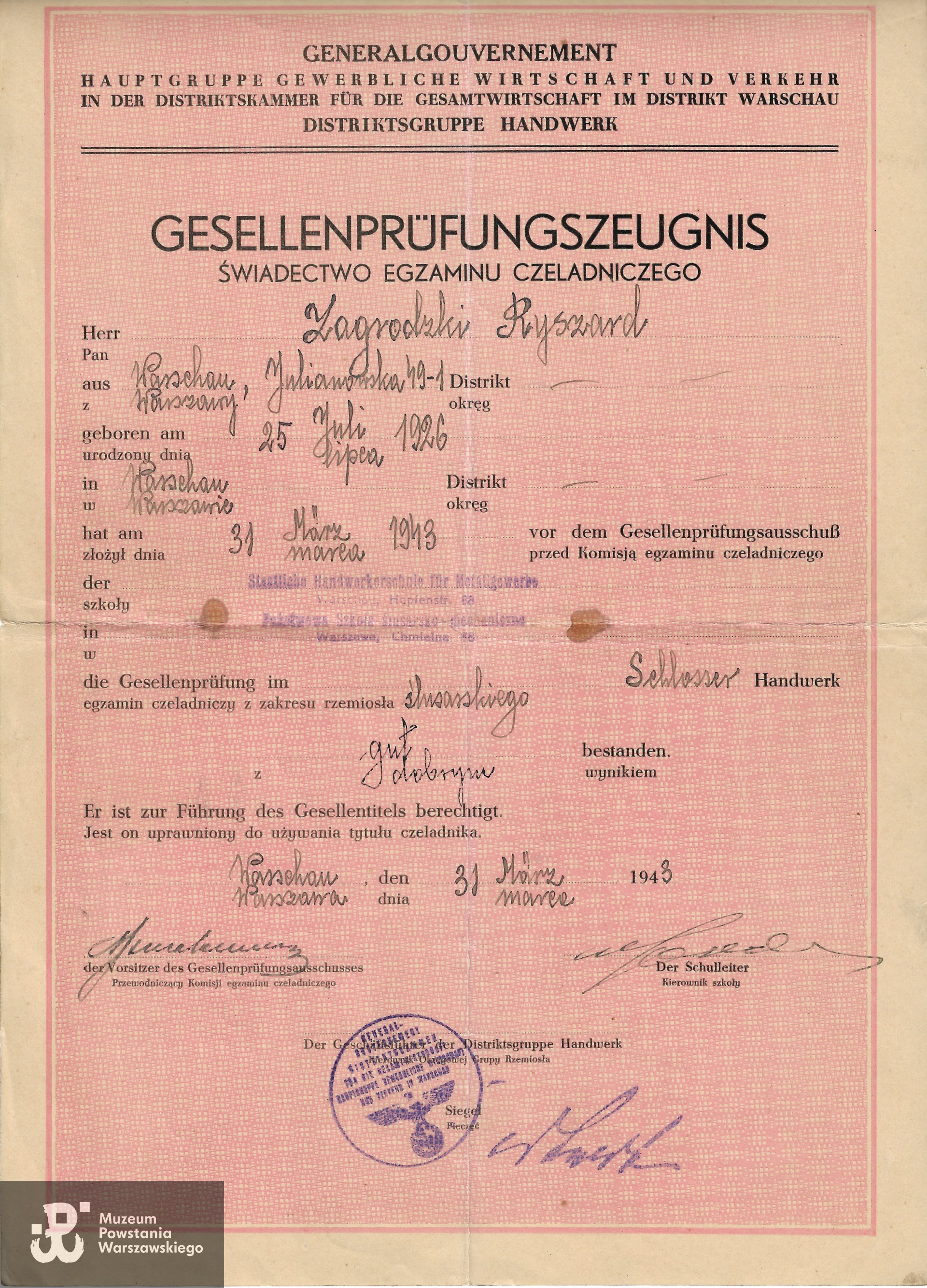 Dokument z archiwum rodzinnego p. Ryszarda Zagrodzkiego „Miecz”, skan udostępniony przez Centrum Wolontariatu Muzeum Powstania Warszawskiego, marzec 2024