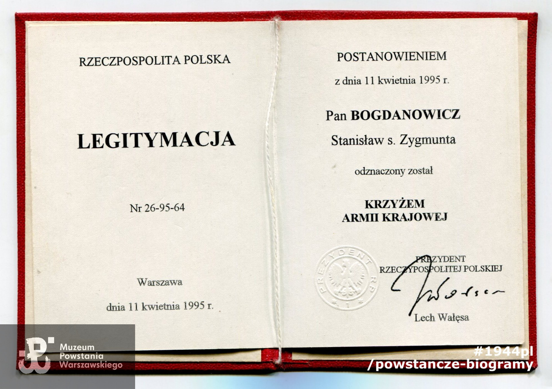 Legitymacja odznaczeniowa - Krzyż Armii Krajowej. Ze zbiorów rodzinnych p. Stanisława Bogdanowicza ps. "Bogdan"