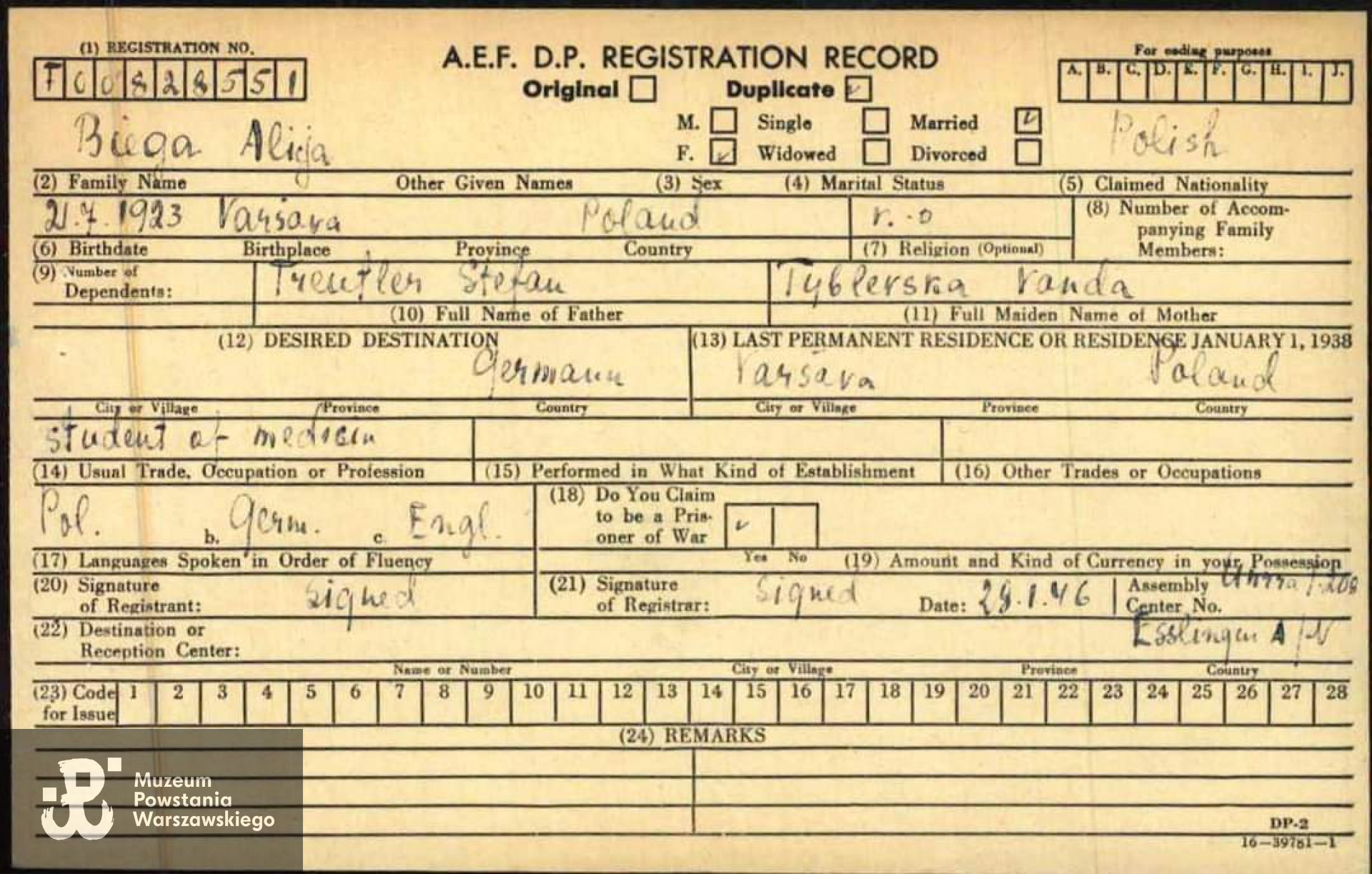  Allied Expeditionary Force Displaced Persons Registration Record - kartoteka osób przebywających w obozach tzw. dipisów  (kartoteka osobowa Polaków sporządzona przez władze alianckie na terenie okupowanych Niemiec - b. więźniów niemieckich obozów koncentracyjnych, jeńców wojennych i robotników przymusowych, którzy po zakończeniu wojny zostali umieszczeni w obozach dla przesiedleńców). Skan udostępniła p. Kazimiera Sitarz 