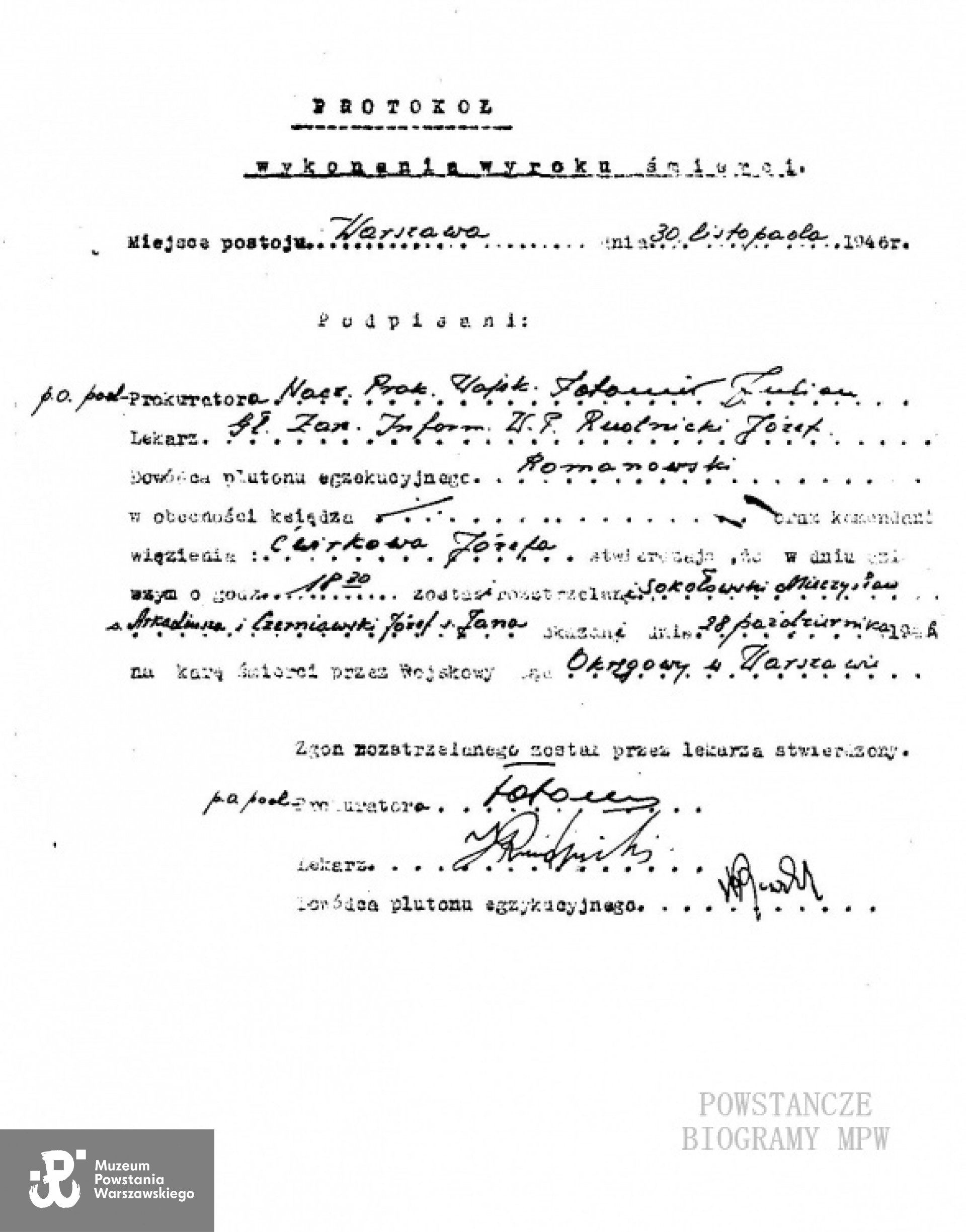 Protokół wykonania wyroku śmierci. Arch. rodzinne