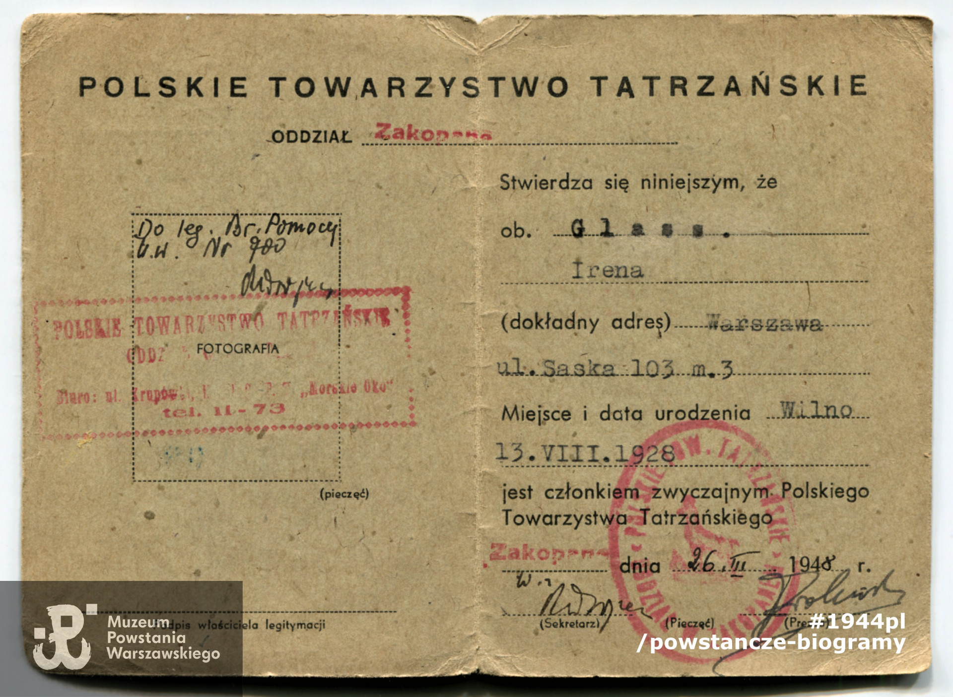 Dok. ze spuścizny po  Pani Irenie Glass,  udostępniła  p. Monika Pakuła. Skany wykonano w Muzeum Powstania Warszawskiego w październiku 2021 r.