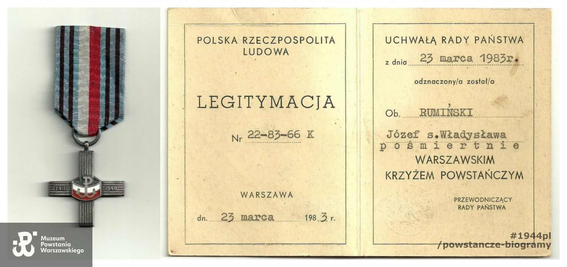 Warszawski Krzyż Powstańczy wraz z legitymacją odznaczeniową - 1983 rok, odznaczenie pośmiertne. Ze zbiorów rodzinnych,  skan udostępnił p. Jarosław Tomasz Sobczak.