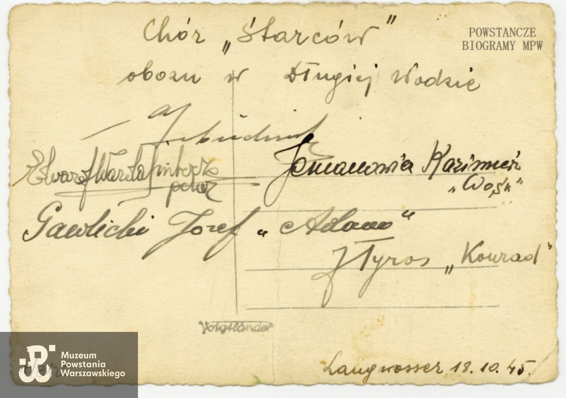 Rewers zdjęcia z dedykacją. Langwasser, Niemcy, 18.10.1945 r. Fot. ze zbiorów MPW - sygn. P/8125, dar Antoniny Gawlickiej - Galej