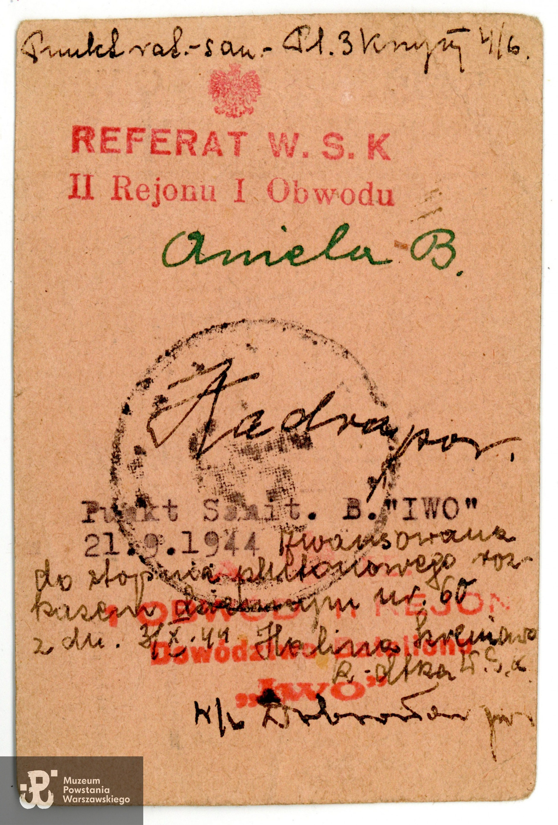 Legitymacja AK - rewers. Dokument ze zbiorów prywatnych p. Jadwigi Dippel - Bossowskiej.