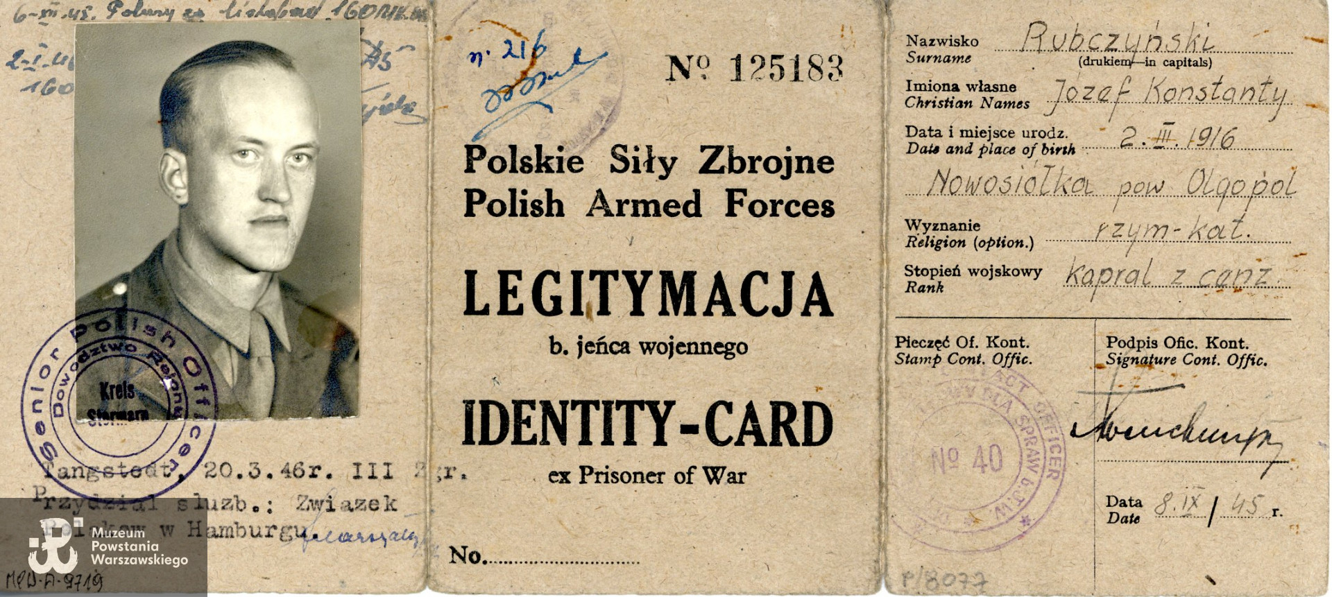 Legitymacja byłego jeńca wojennego, należąca do Józefa Rubczyńskiego. Zbiory Muzeum Powstania Warszawskiego; sygn. MPW-A-9719.