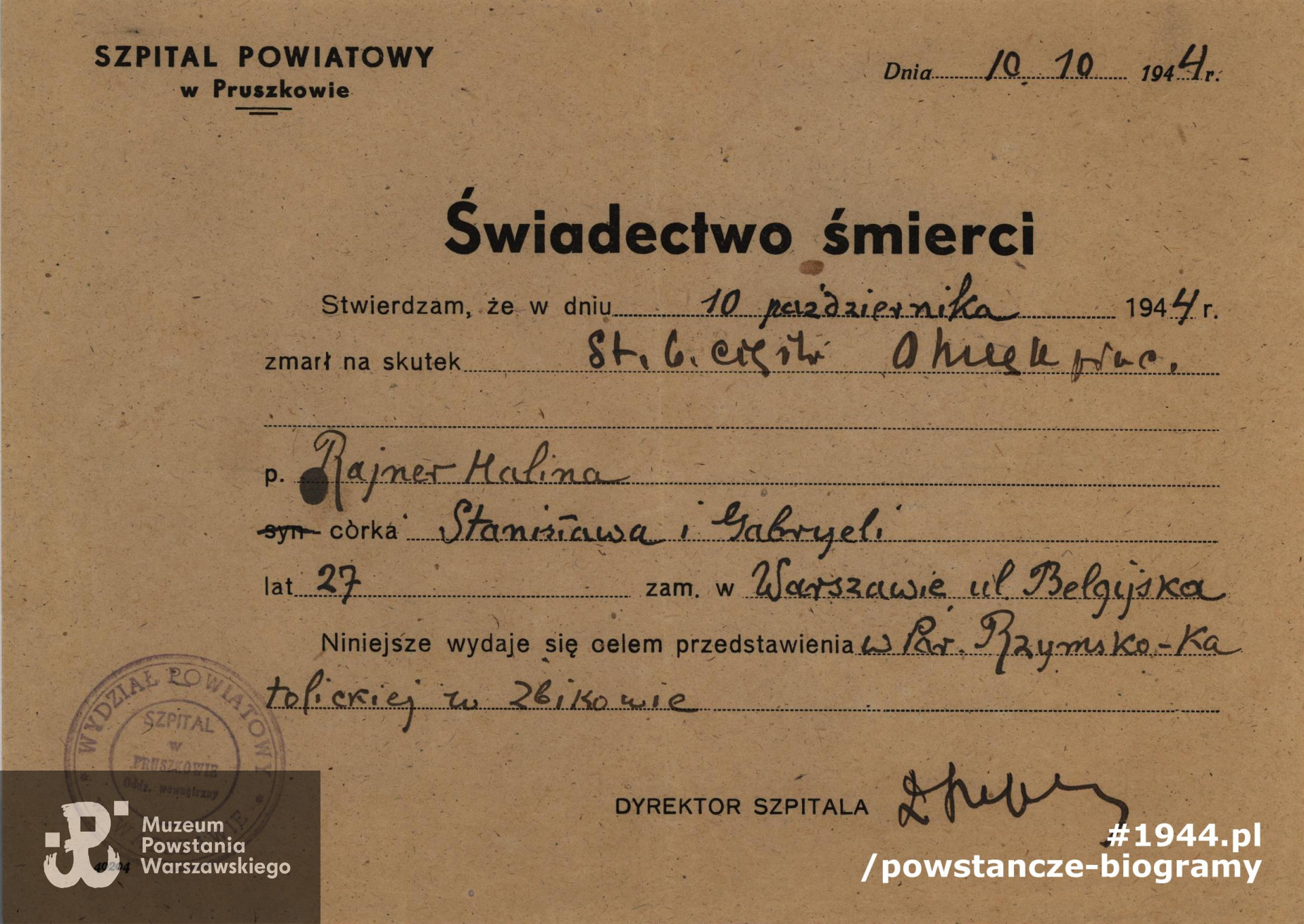  Świadectwo śmierci wystawione dla parafii w Żbikowie. Fot. z archiwum rodzinnego p. Joanny Sienkiewicz