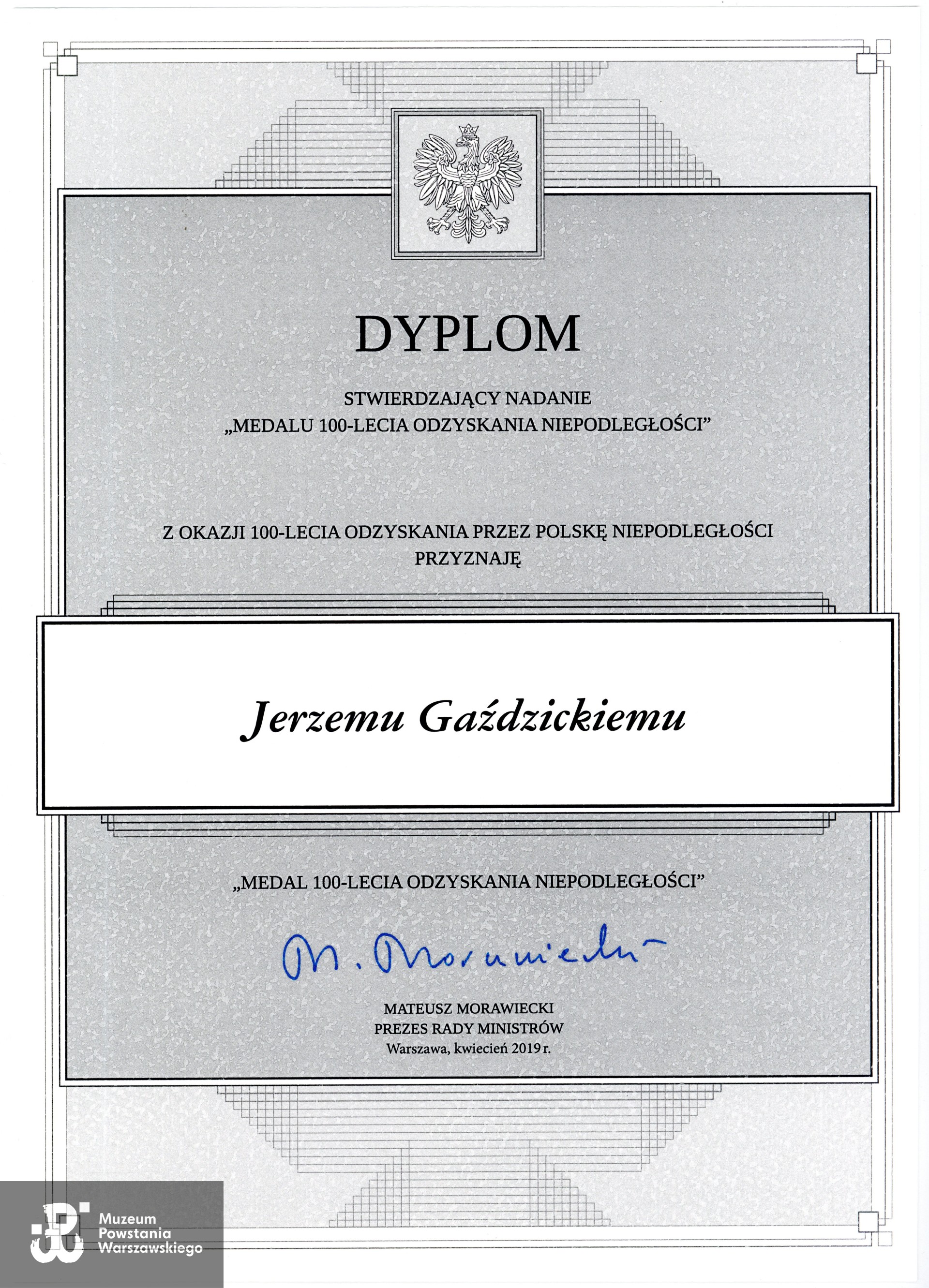 Dyplom Medalu 100-lecia Odzyskania Niepodległości. Ze zbiorów prywatnych p. Jerzego Gaździckiego