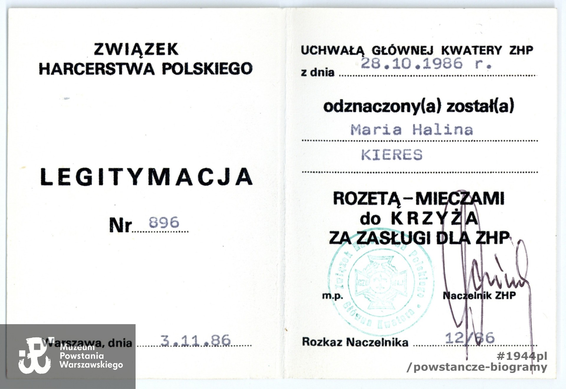 Legitymacja odznaczeniowa ze zbiorów rodzinnych p. Joanny Kozłowskiej, córki