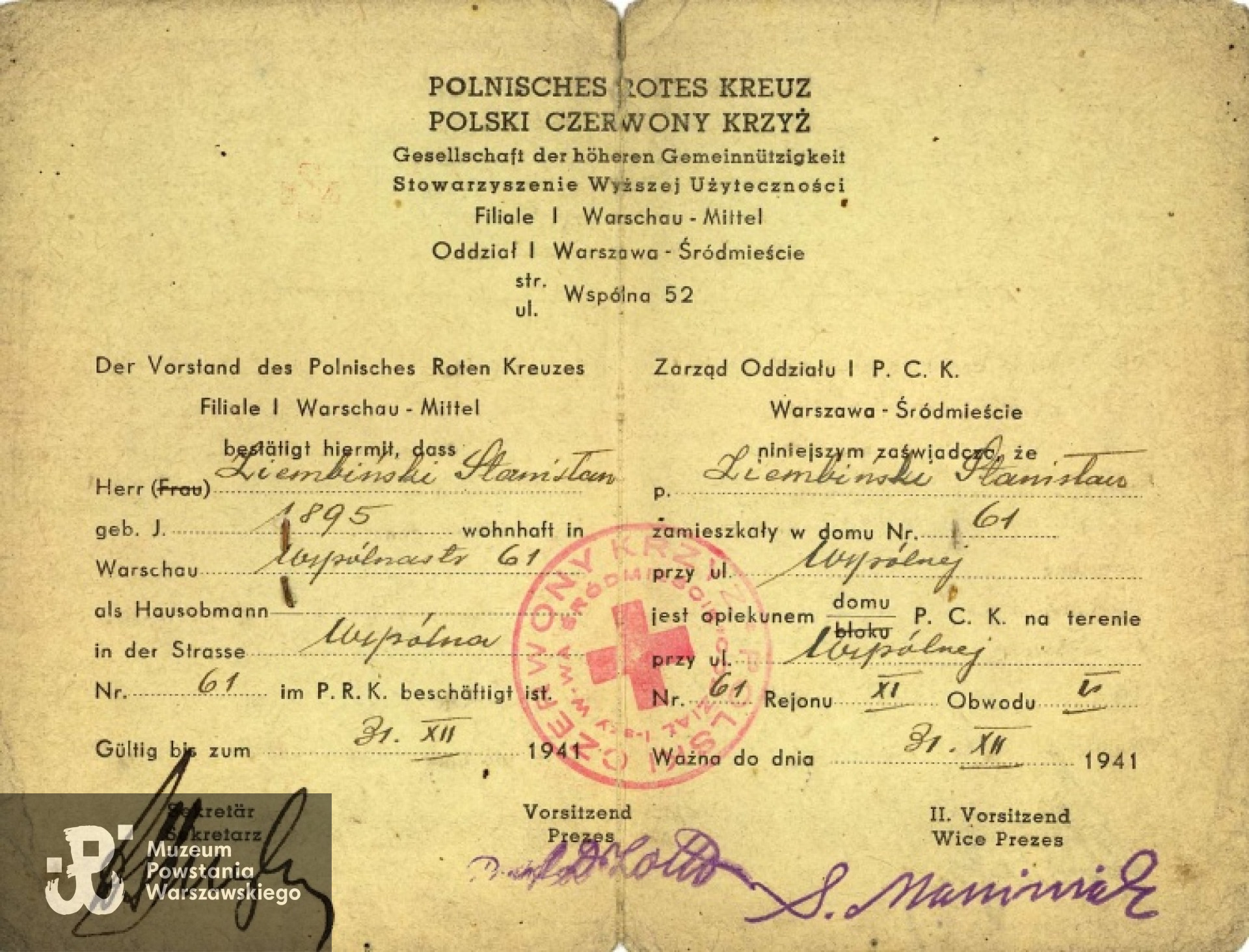 Legitymacja PCK Stanisława Ziembińskiego