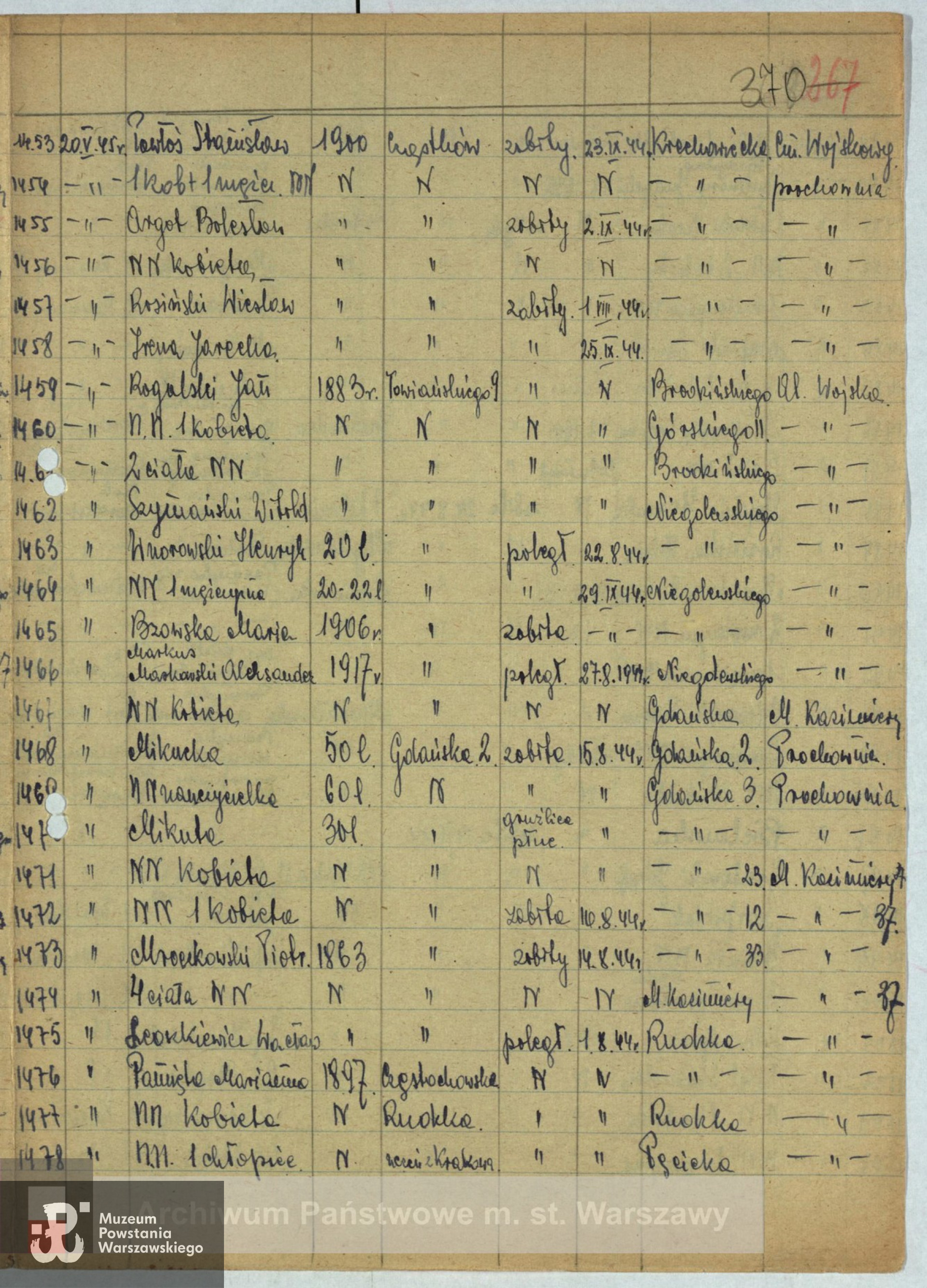 Archiwum Państwowe m. st. Warszawy - listy ekshumowanych