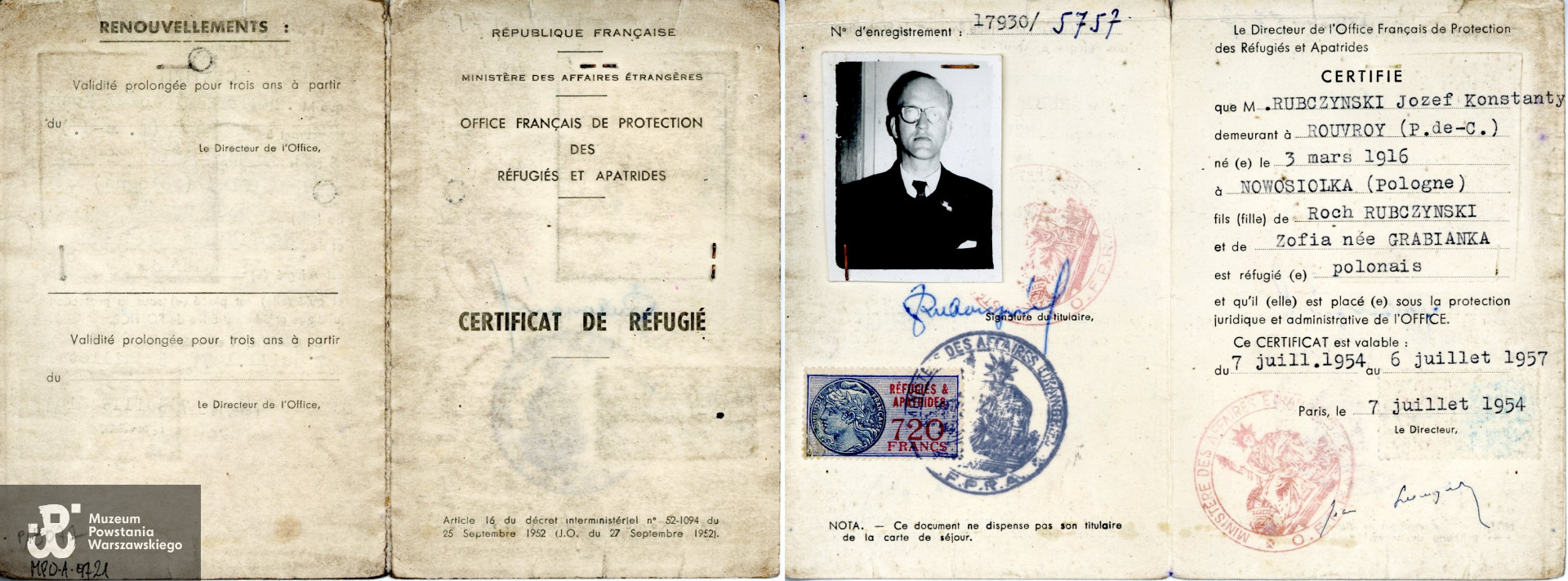 Francuski dokument tożsamości uchodźcy, należący do Józefa Rubczyńskiego. Zbiory Muzeum Powstania Warszawskiego; sygn. MPW-A-9721.