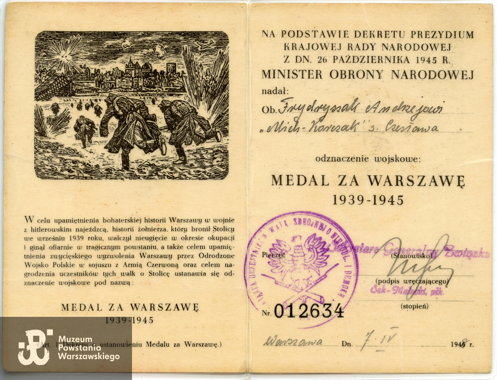 Legitymacja odznaczeniowa - Medal za Warszawę 1939-1945. Dokument ze zbiorów rodzinnych p. Andrzeja Frydryszaka ps. Michał