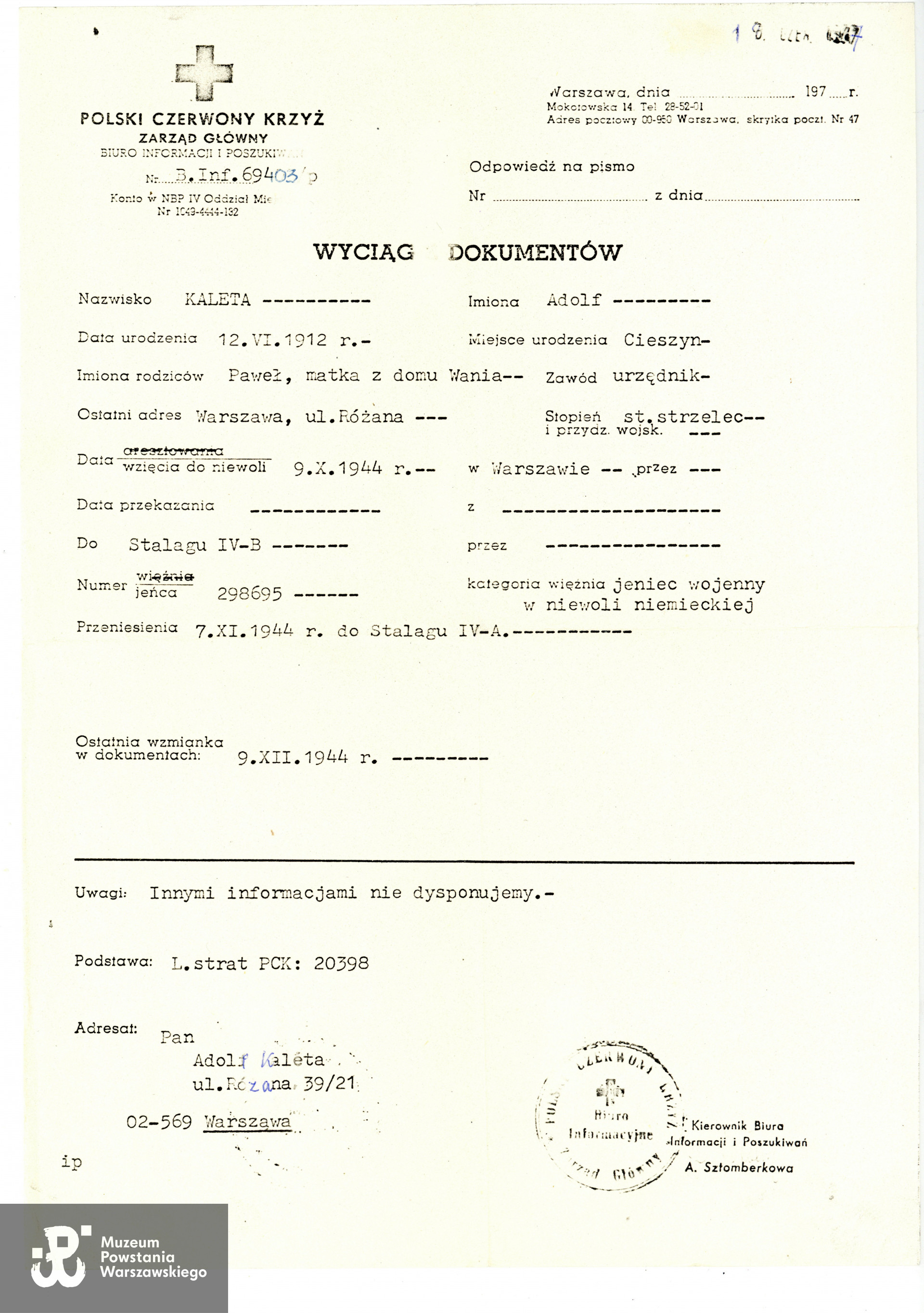 Wyciąg z dokumentów PCK. Ze zbiorów rodzinnych, udostępniła wnuczka Powstańca, Pani Marta Spychalska, skan wykonano w Muzeum Powstania Warszawskiego, 07/2023