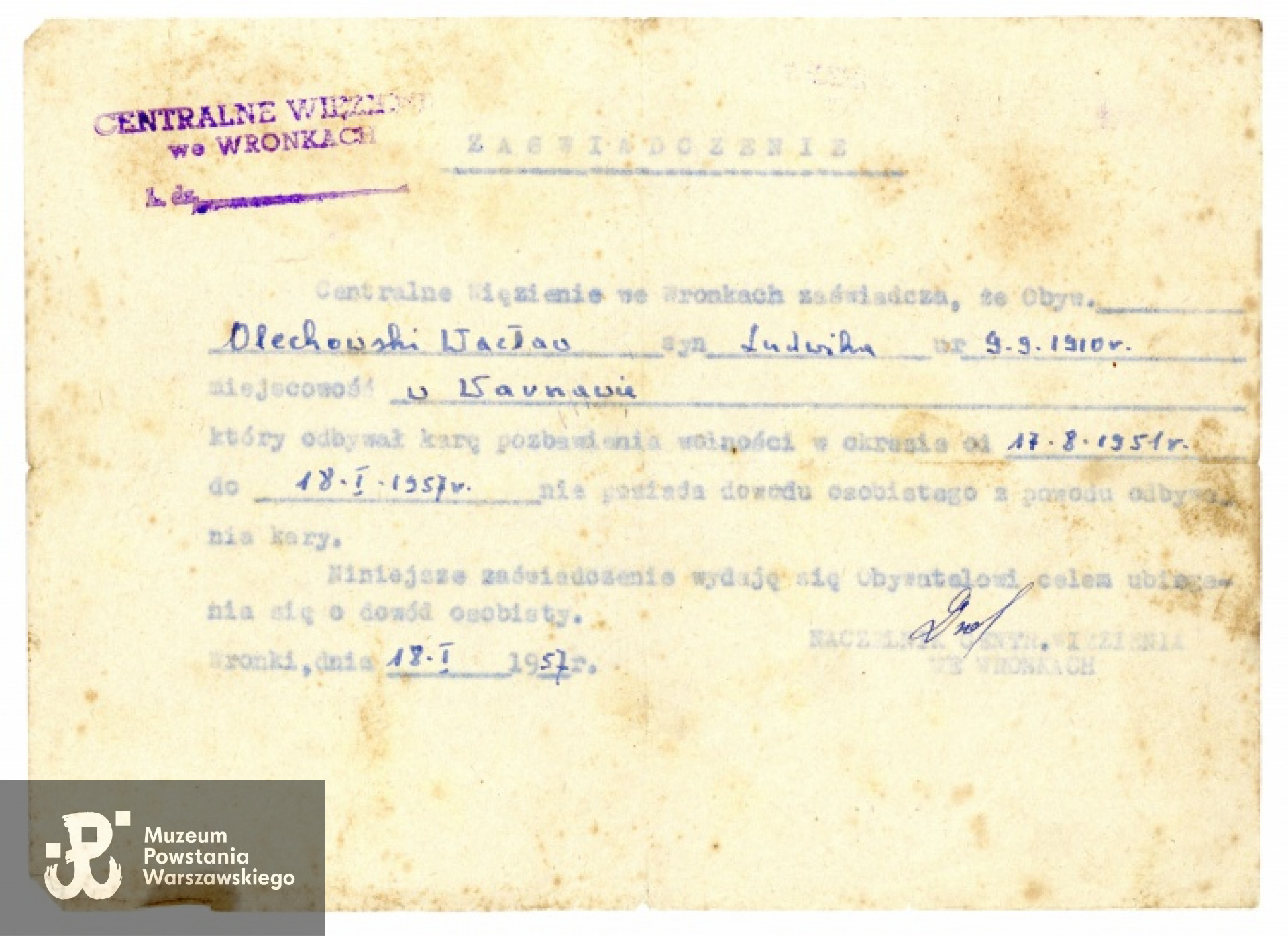 Zaświadczenie Centralnego Więzienia we Wronkach. Z archiwum rodzinnego Michała Łukaszczyka