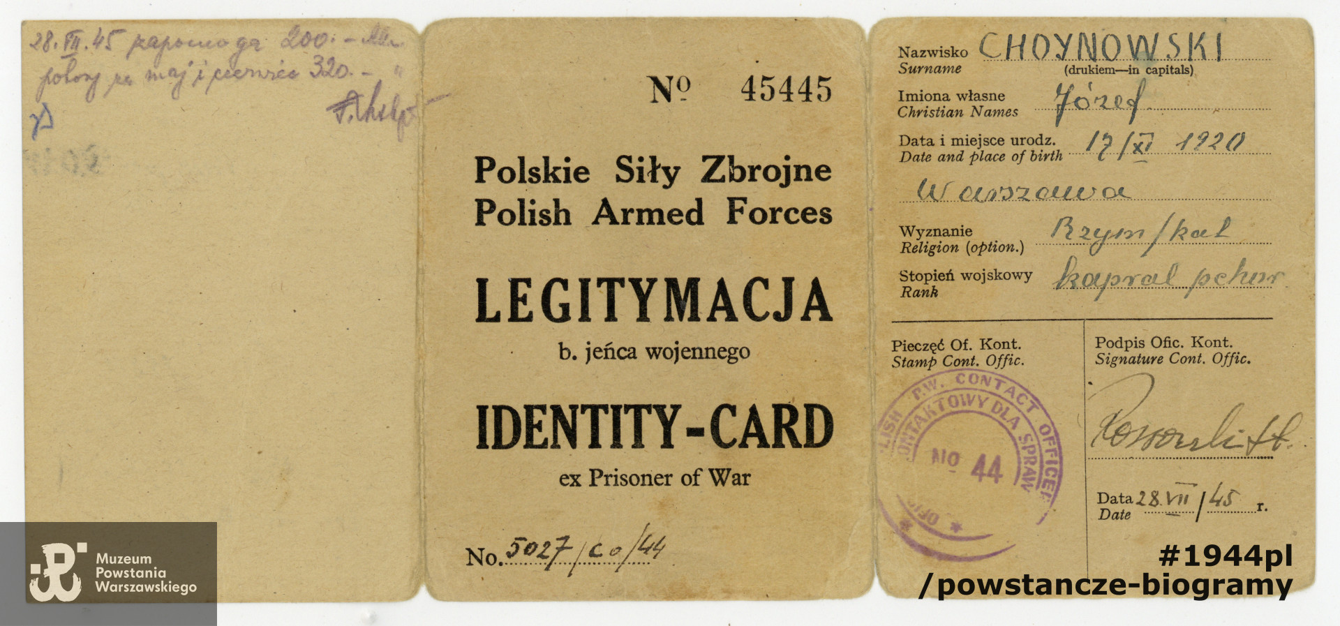 Legitymacja byłego jeńca wojennego. Z archiwum rodzinnego p. Michała Choynowskiego, syna.