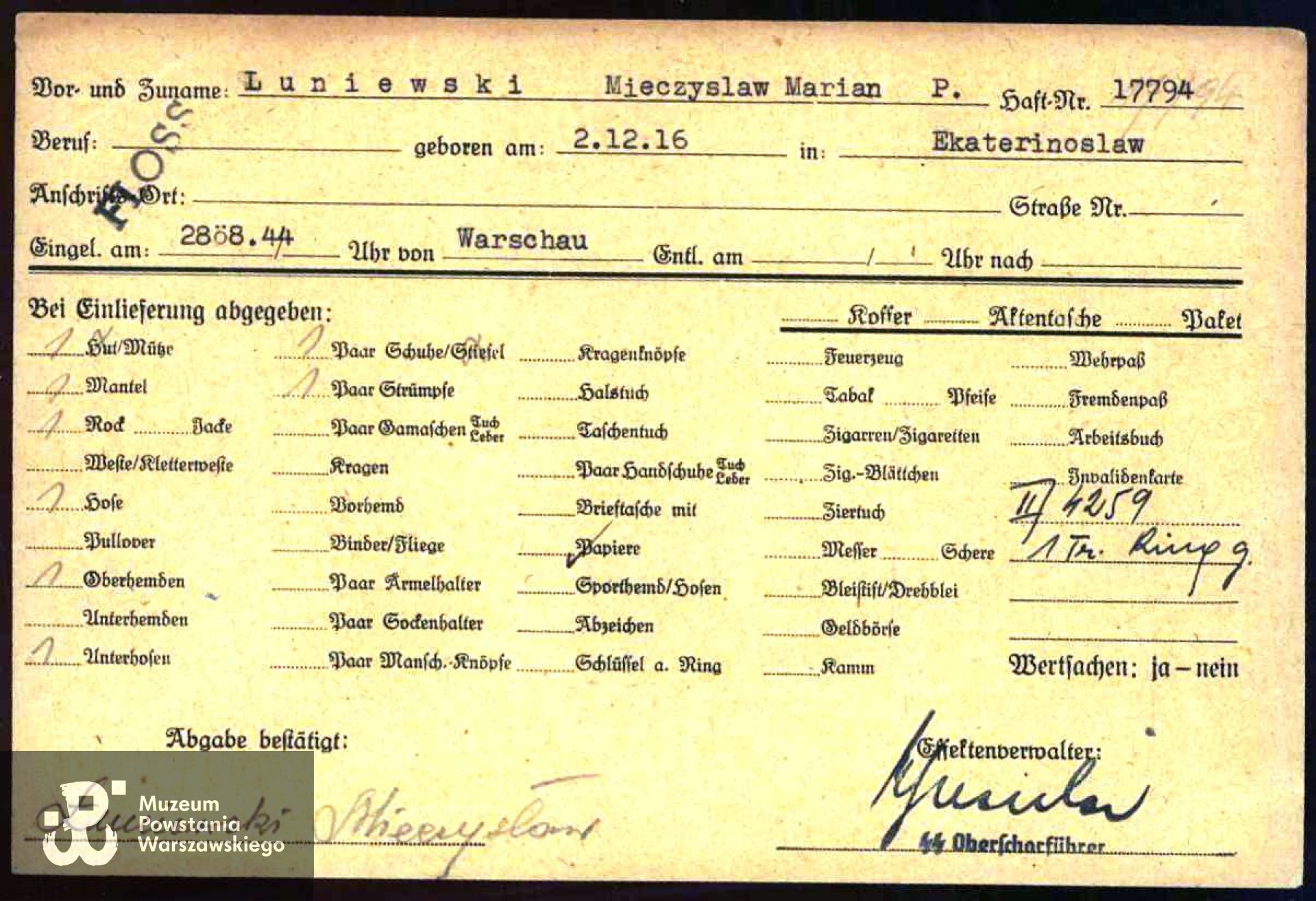 źródło: Arolsen Archives Dokuments, skany otrzymane przez p. Jerzego Mikuszewskiego za pośrednictwem  MyHeritage i przesłane do Muzeum przez p. Jerzego Mikuszewskiego, zięcia Powstańca.