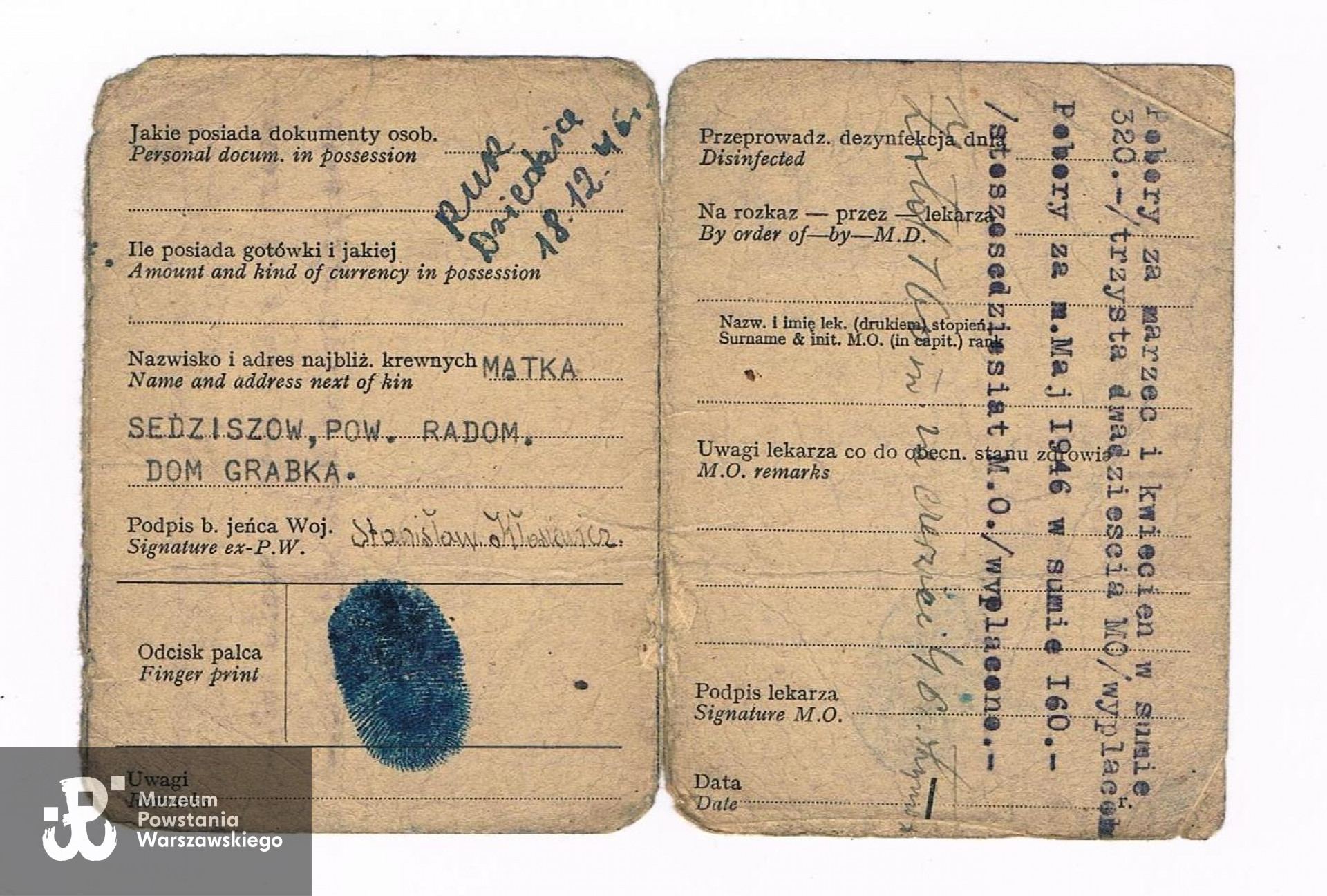 Wystawiona przez PSZ legitymacja byłego jeńca wojennego wystawiona. Z archiwum rodzinnego syna, p. Krzysztofa Kłosiewicza