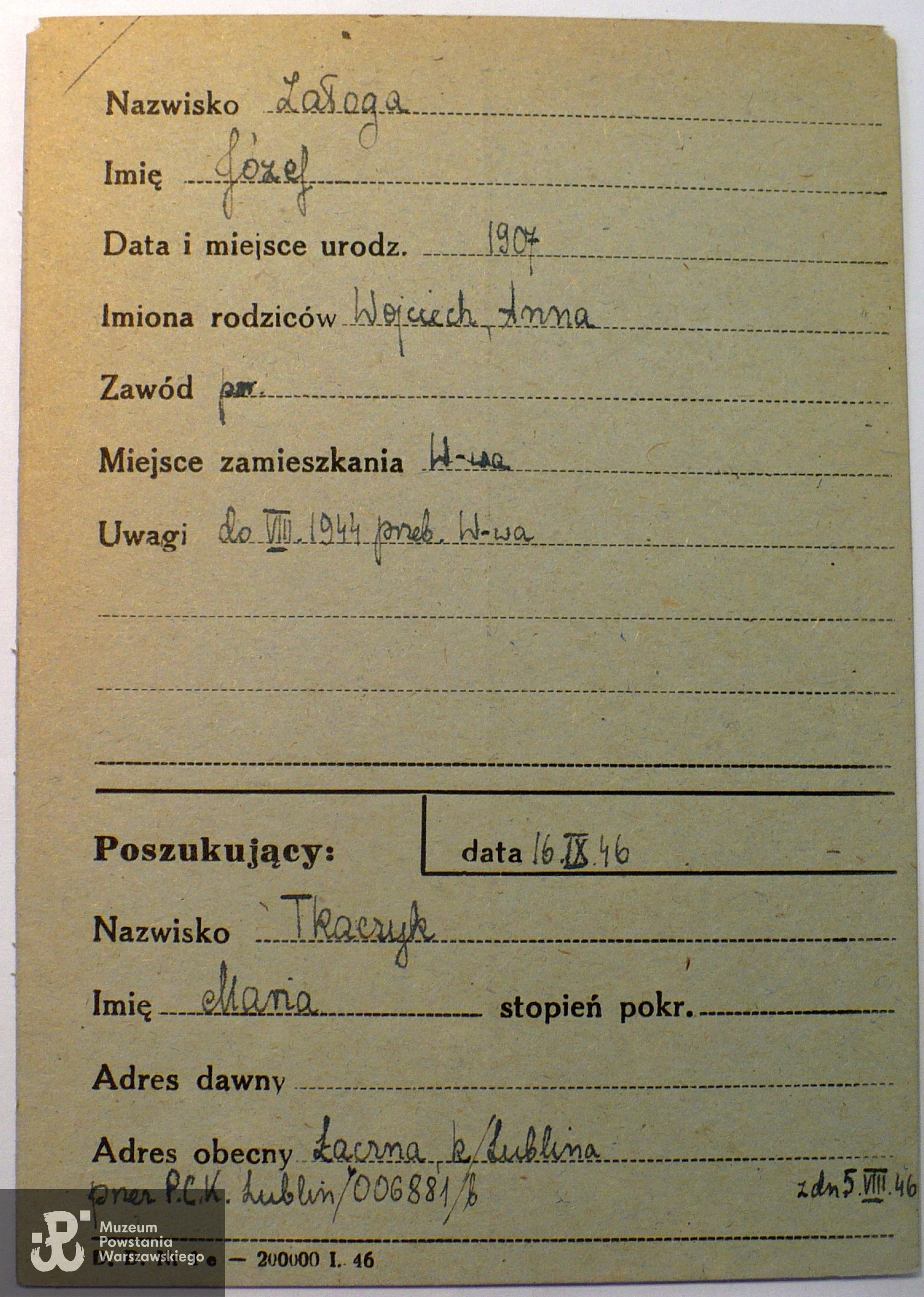 Kartoteka ogólna PCK - ślad poszukiwań Józefa Załogi w 1946 roku przez Marię Tkaczyk za pośrednictwem PCK Lublin