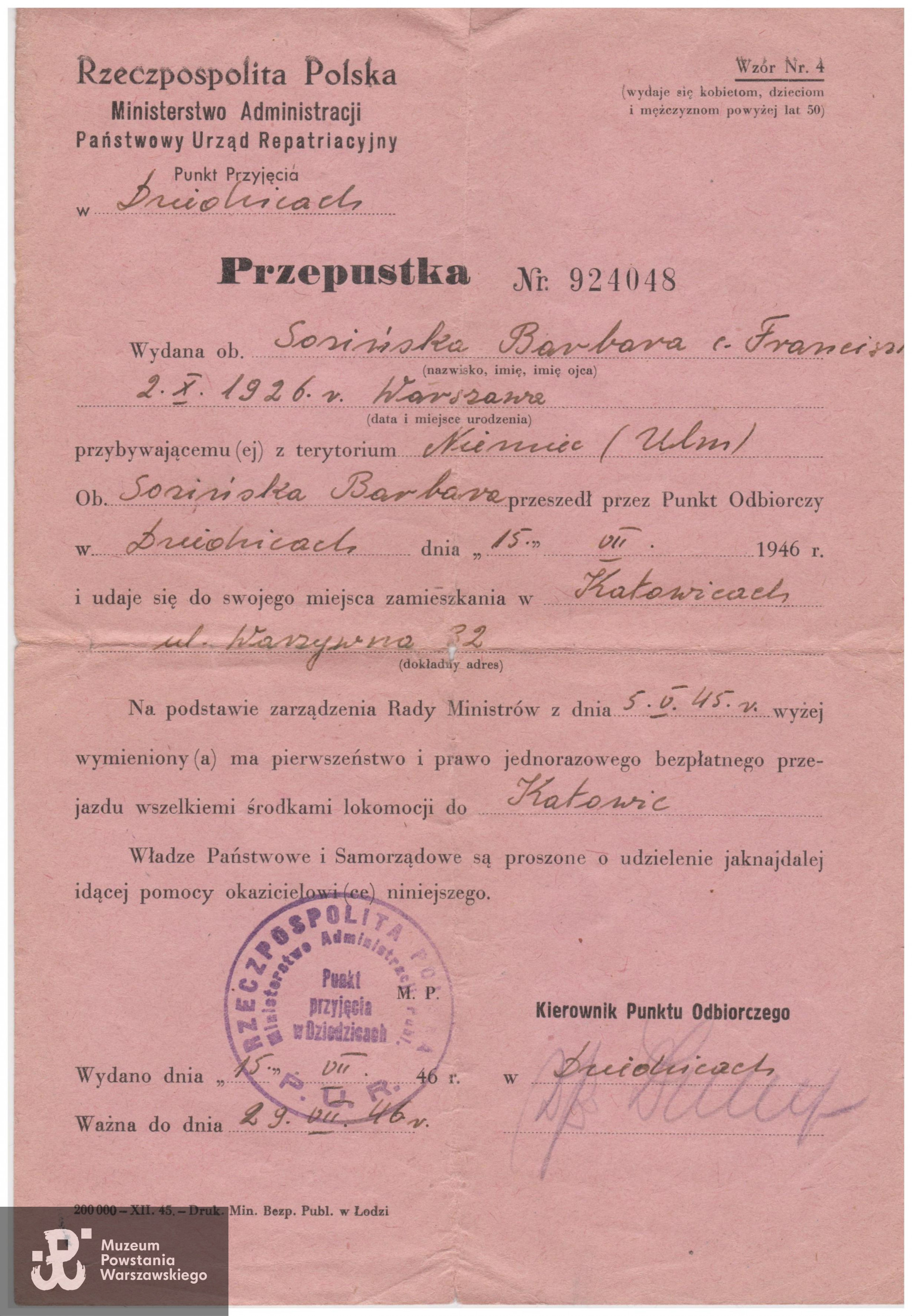 Dokument z archiwum rodzinnego Barbary i Janusza Sosińskich