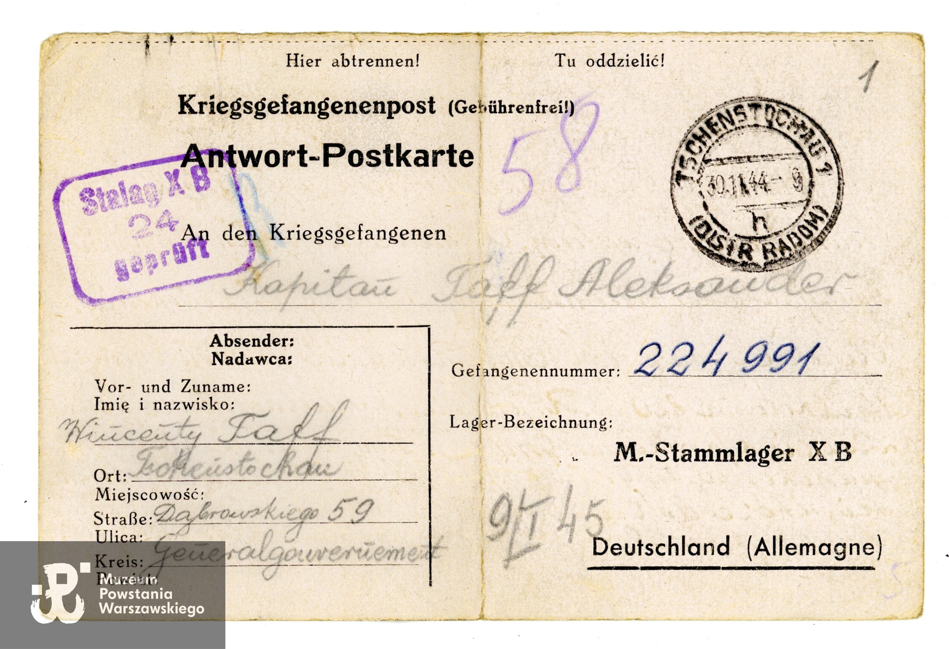 Korespondencja obozowa. Ze zbiorów rodzinnych, udostępniła wnuczka Powstańca, p. Paulina Taff. Skany wykonano w Muzeum Powstania Warszawskiego, 06/2024