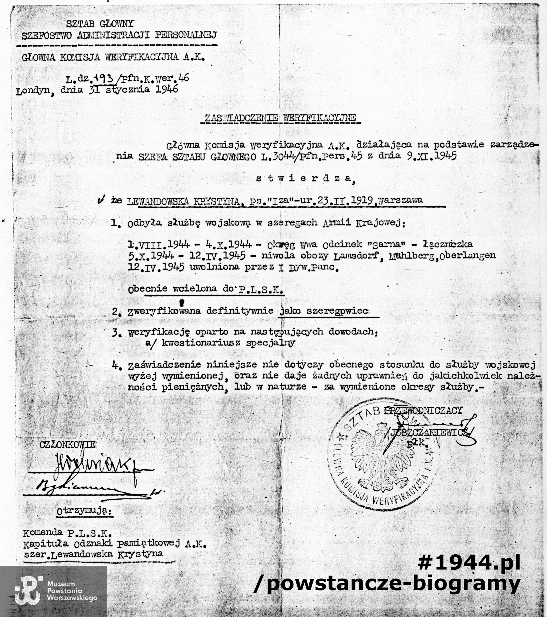 Kopia zaświadczenia weryfikacyjnego Głównej Komisji Weryfikacyjnej AK w Londynie (1946 rok). Ze zbiorów Muzeum Powstania Warszawskiego, sygn. P/7401