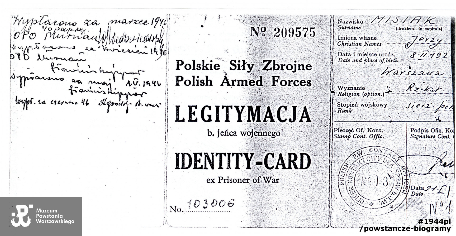 Legitymacja byłego  jeńca wojennego (Identity Card for Ex-Prisoner of War). Fot. materiały do Słownika Biograficznego Uczestników Powstania gromadzone przez Pokój Kombatanta MPW