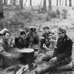 Fotografia wykonana w Kampinosie we wrześniu 1944 roku w okolicy miejscowości Pociecha. Siedzą od lewej: plut. pchor. Zdzisław Jóźwiak „Mewa”,  kpr. pchor. Mieczysław Kwapisiewicz „Stadnicki