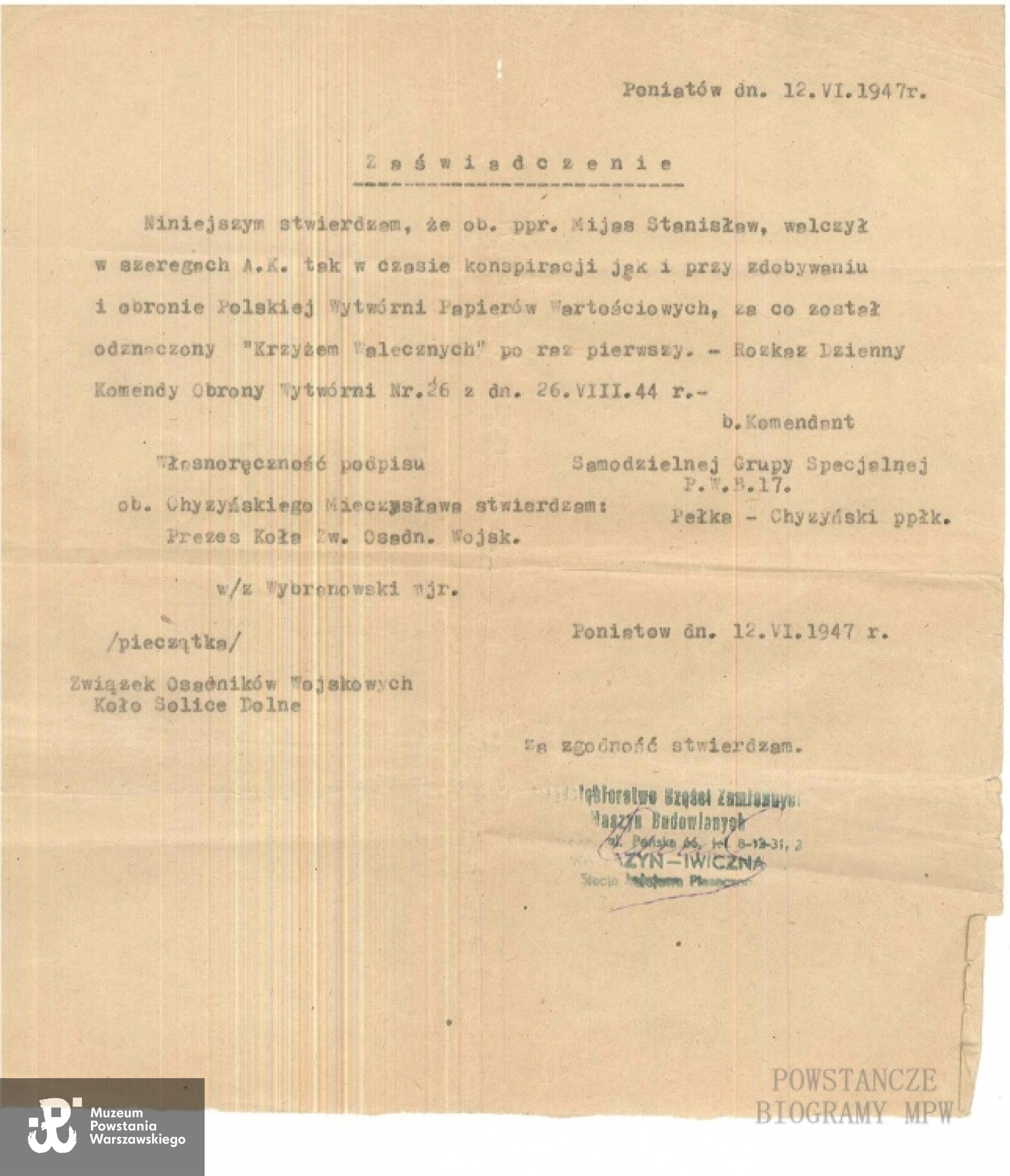 Dokument z archiwum rodzinnego udostępnił p. Robert Mijas