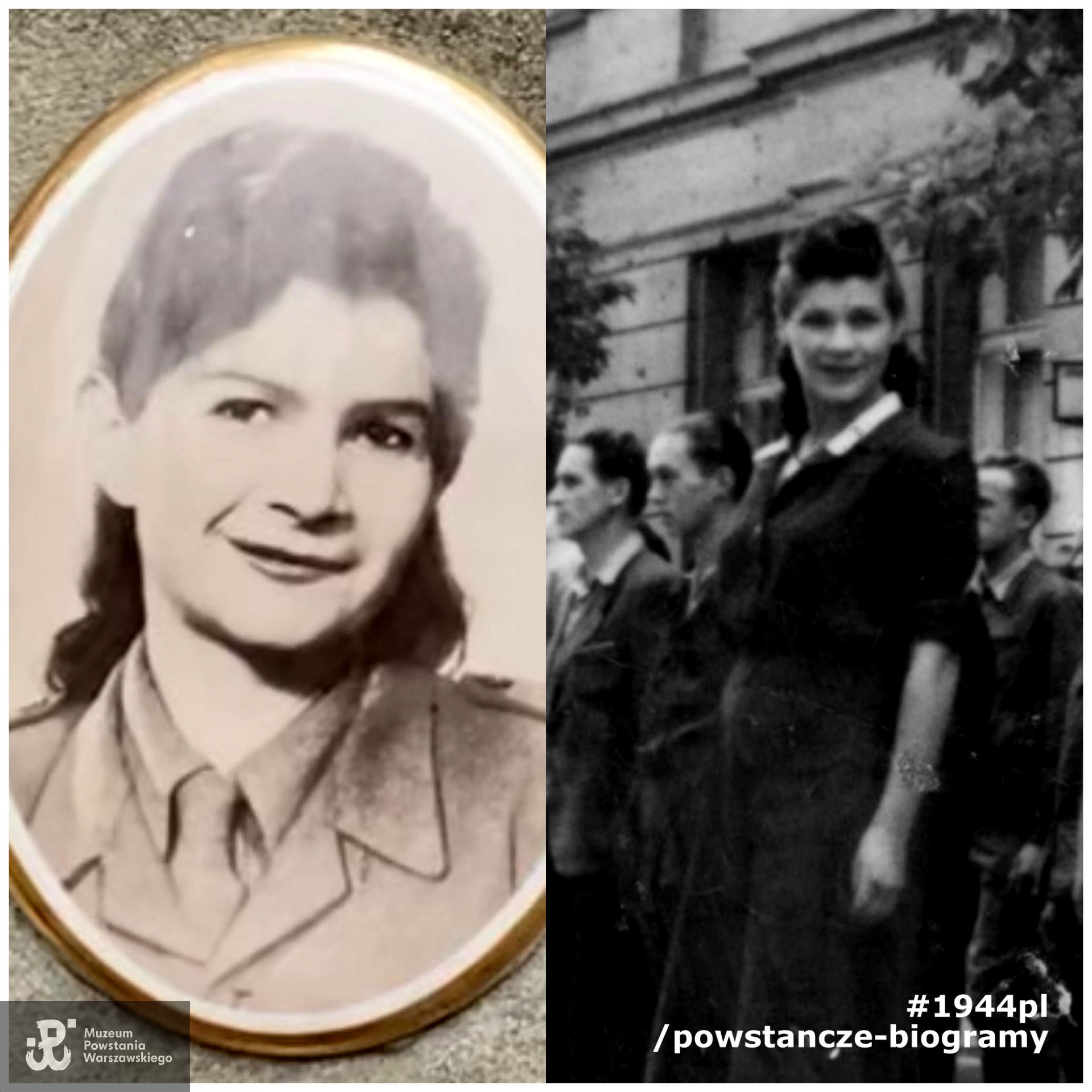 Fotografia portretowa Janiny Wierusz Kowalskiej w zestawieniu z powiększonym fragmentem zdjęcia z ul. Bodiena ( MPW-IP/6949). Według identyfikacji rodzinnej kobieta po prawej stronie to Janina Wierusz-Kowalska