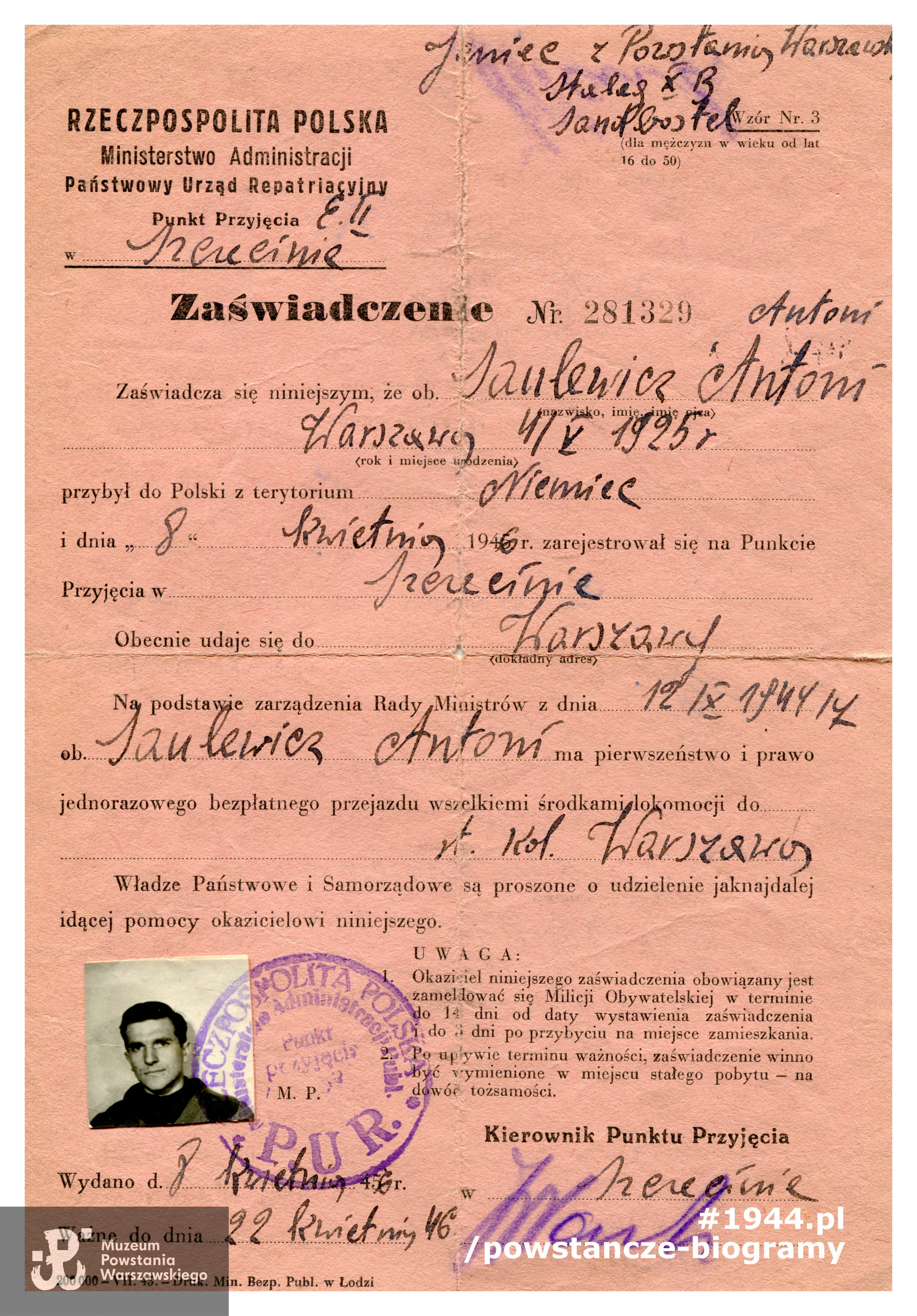 Zaświadczenie Państwowego Urzędu Repatriacyjnego (PUR). Ze zbiorów Muzeum Powstania Warszawskiego, sygn. P/8805, dar Antoniego Saulewicza