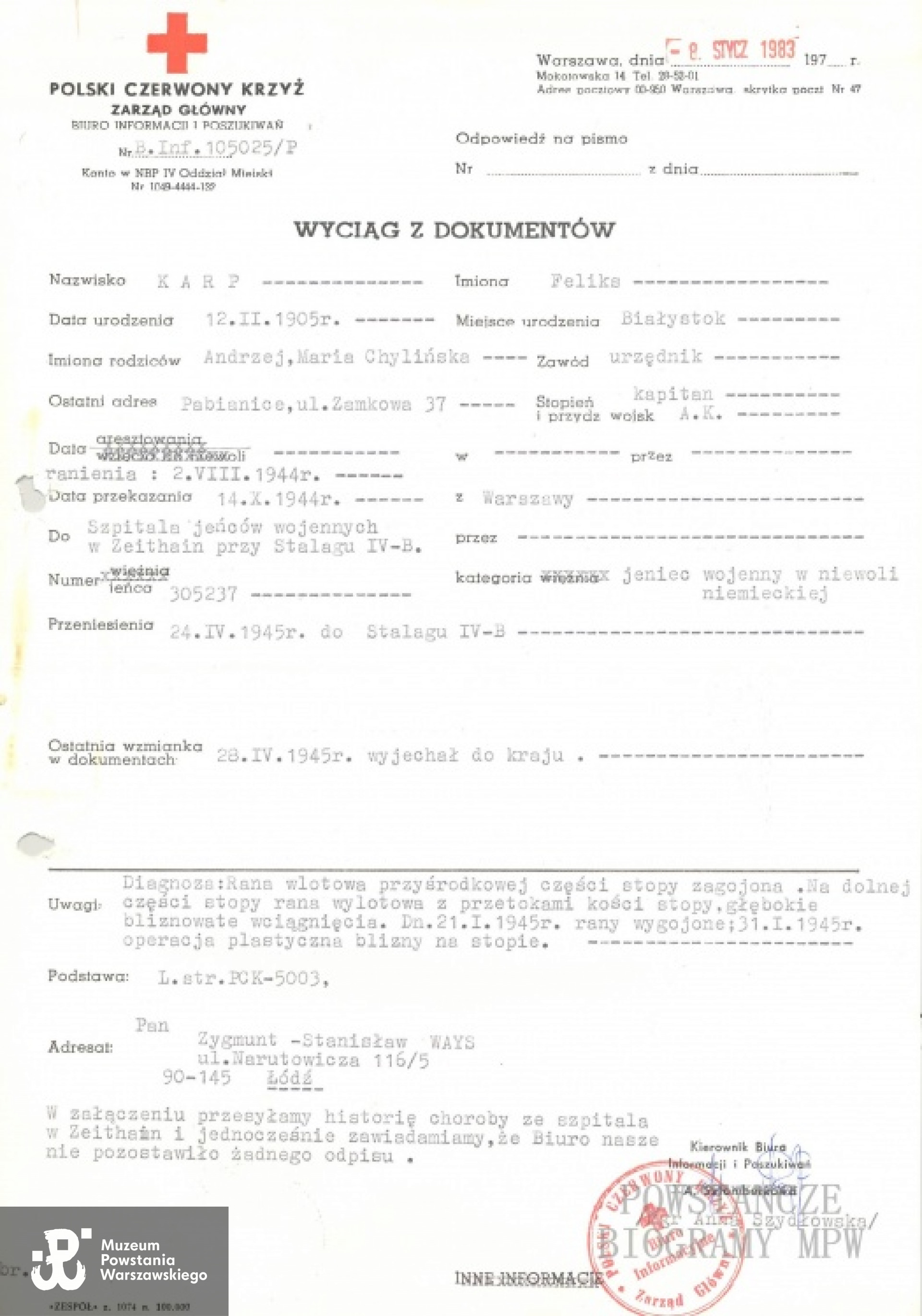 Wyciąg z dokumentacji Polskiego Czerwonego Krzyża. Fot. AR MPW