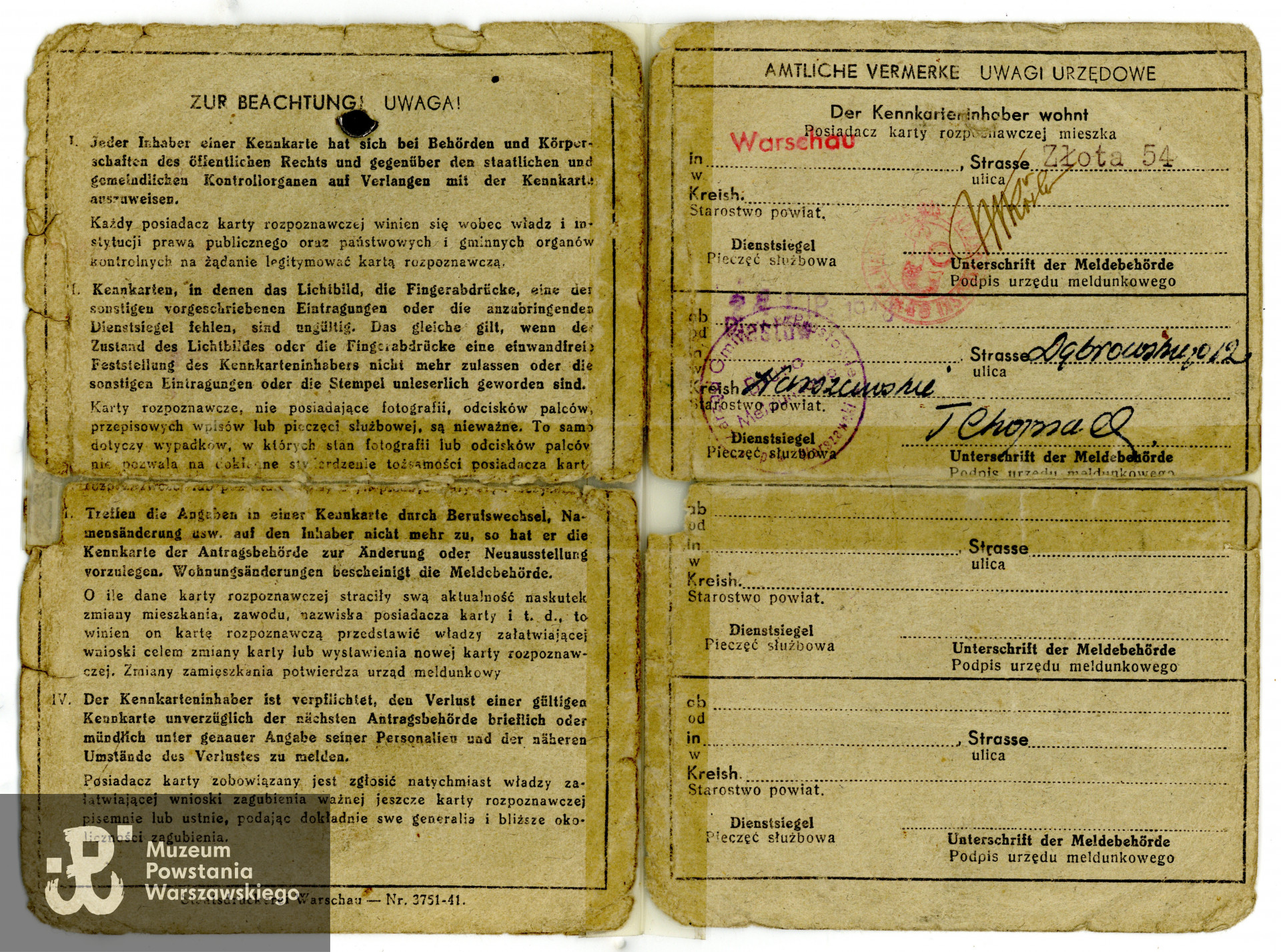 Należąca do Marii Poławskiej kenkarta (niem. Kennkarte, karta rozpoznawcza) – dokument tożsamości wydawany obligatoryjnie przez okupacyjne władze niemieckie. Uwaga! dokument sklejony po wojnie bez zachowania właściwej kolejności stron. Ze zbiorów rodzinnych, do wykonania kopii udostępnił p. Paweł Poławski, bratanek