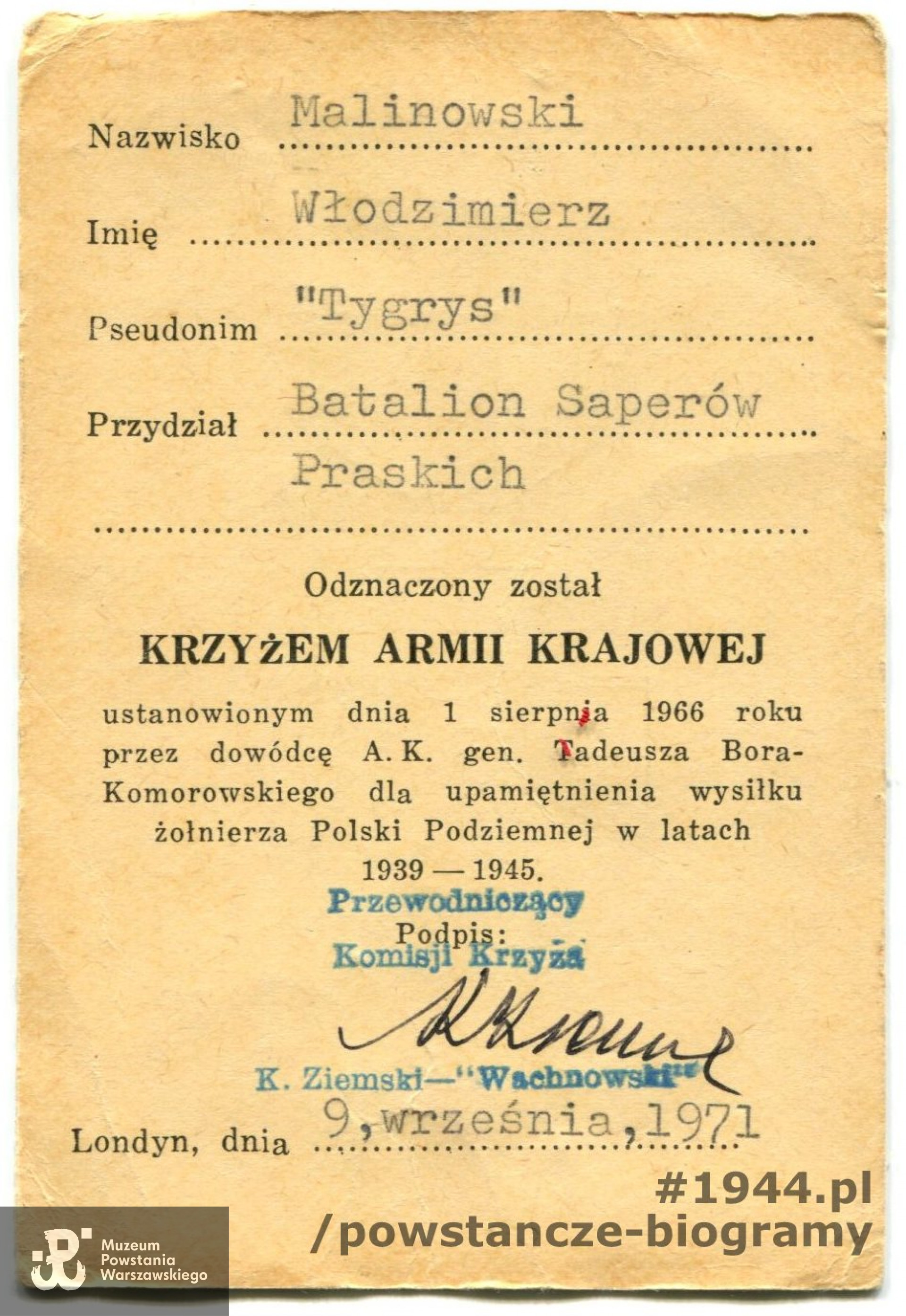 Legitymacja Krzyża AK.  Archiwum rodzinne