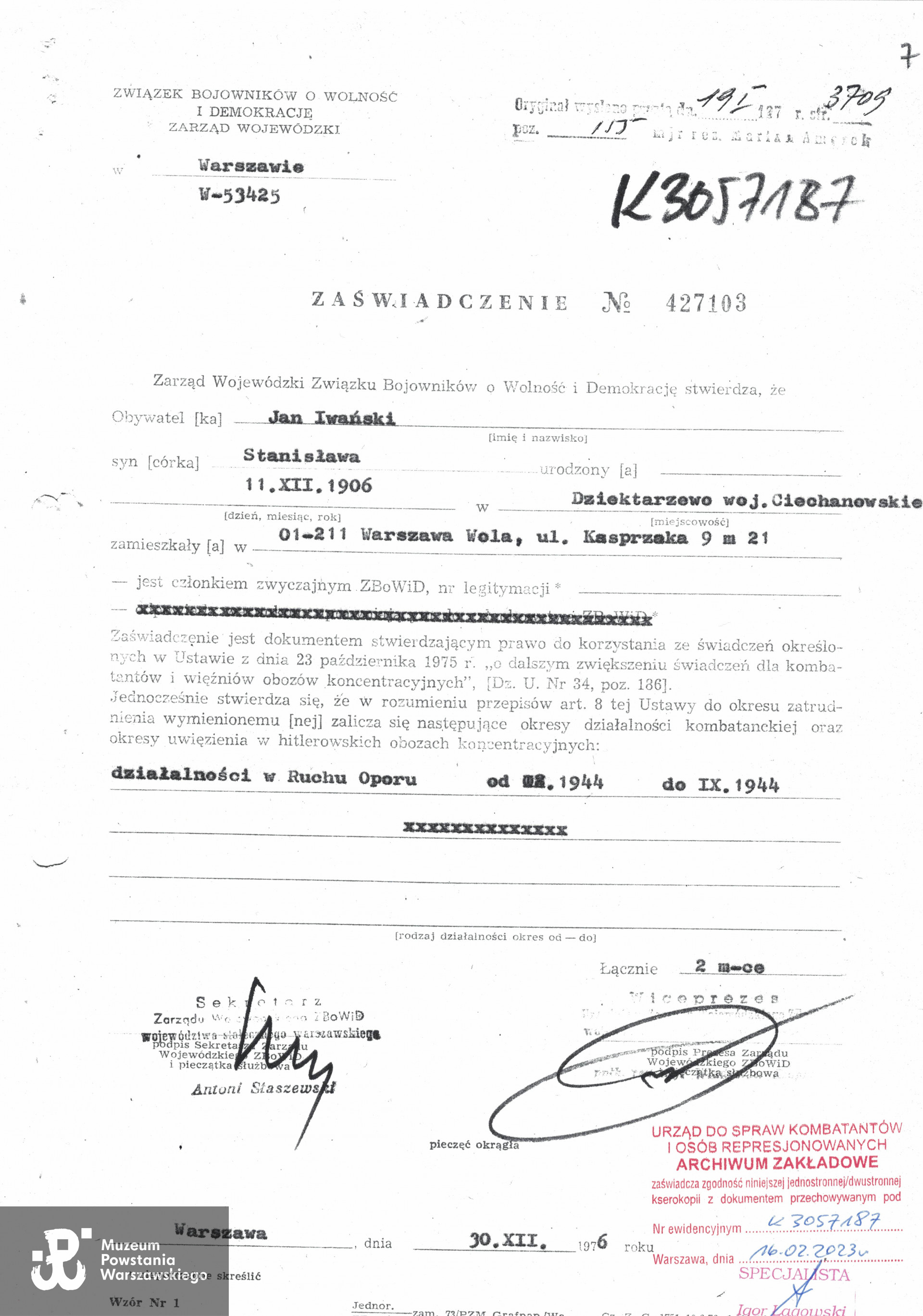 Urząd ds Kombatantów i Osób Represjonowanych - archiwum, sygn. akt K3057187: akta Jana Iwańskiego