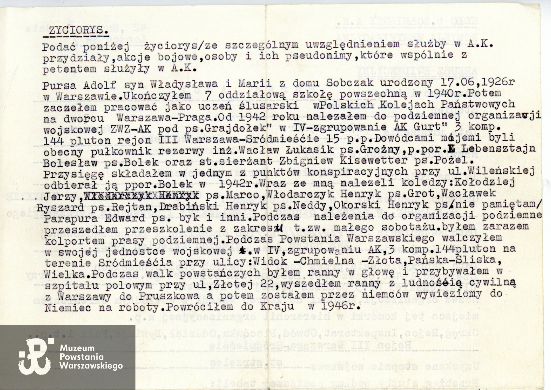 Ze zbiorów rodzinnych, do wykonania kopii udostępniła p. Elżbieta Wysocka, córka Powstańca. Skany wykonano w Muzeum Powstania Warszawskiego w grudniu 2023 r. 