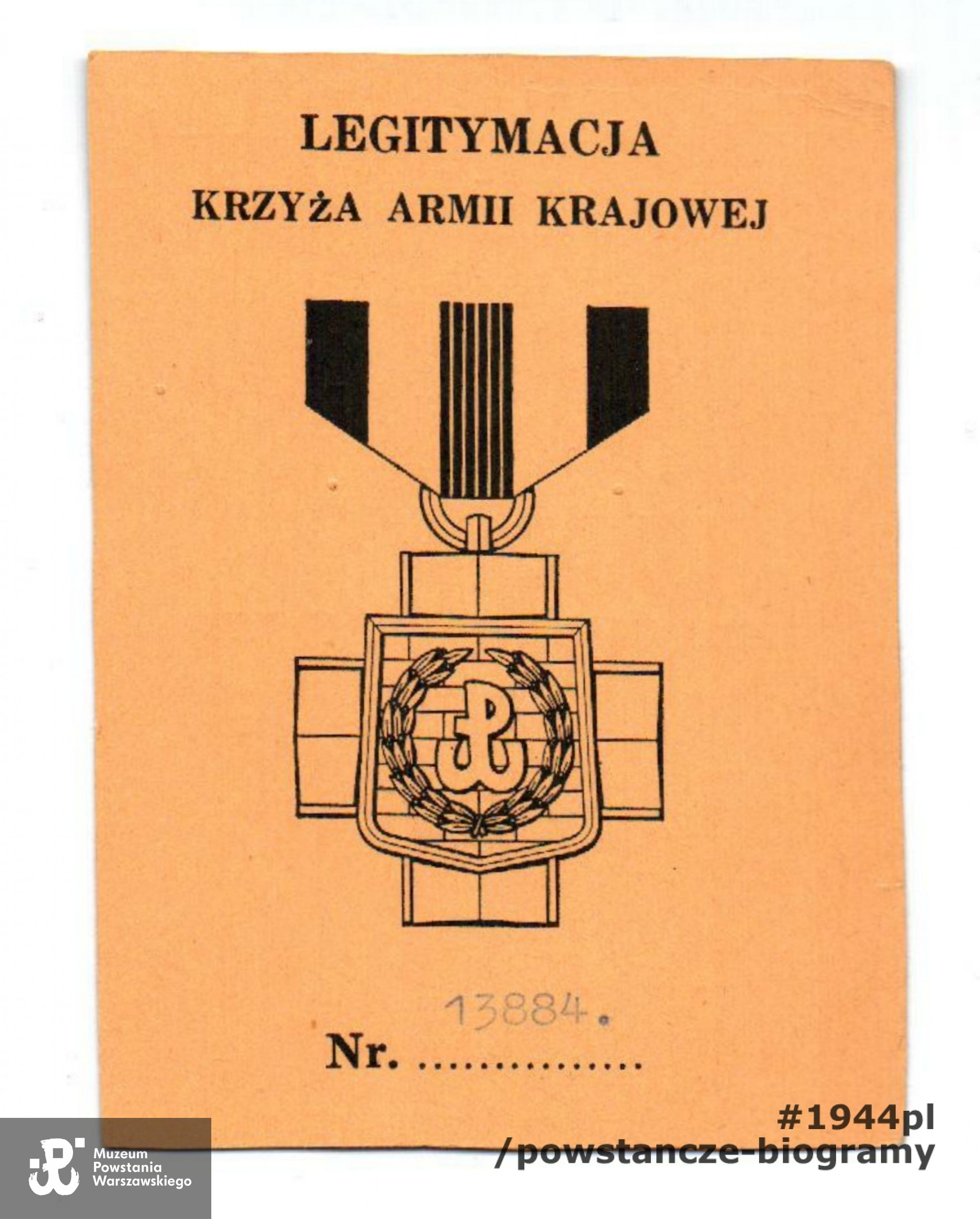 Krzyż Armii Krajowej - legitymacja odznaczeniowa. Dokument ze zbiorów rodzinnych. Skany wykonano w Pokoju Kombatanta MPW, 2019 r. 