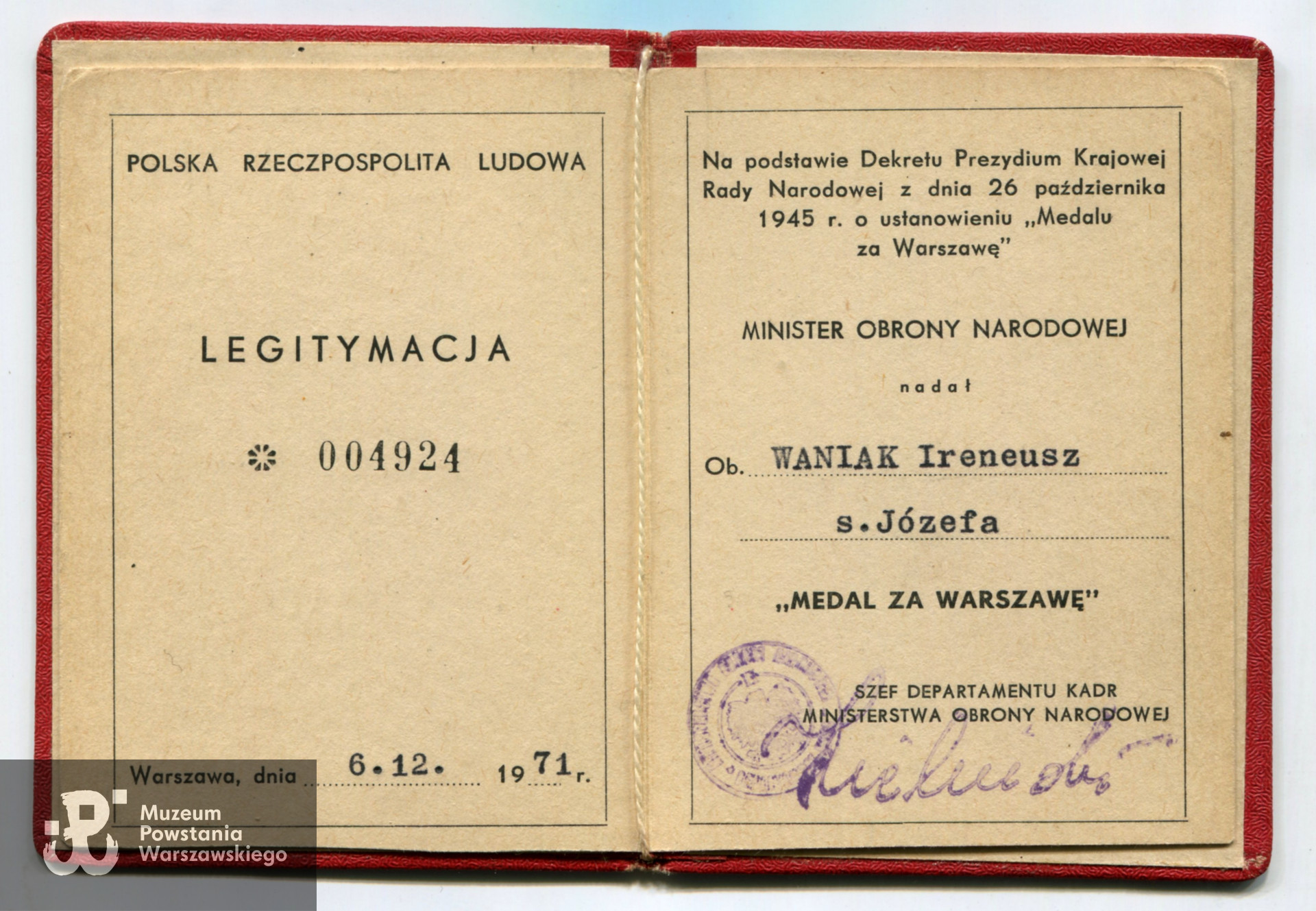Medal za Warszawę (1971). Ze zbiorów p. Ireneusza Waniaka