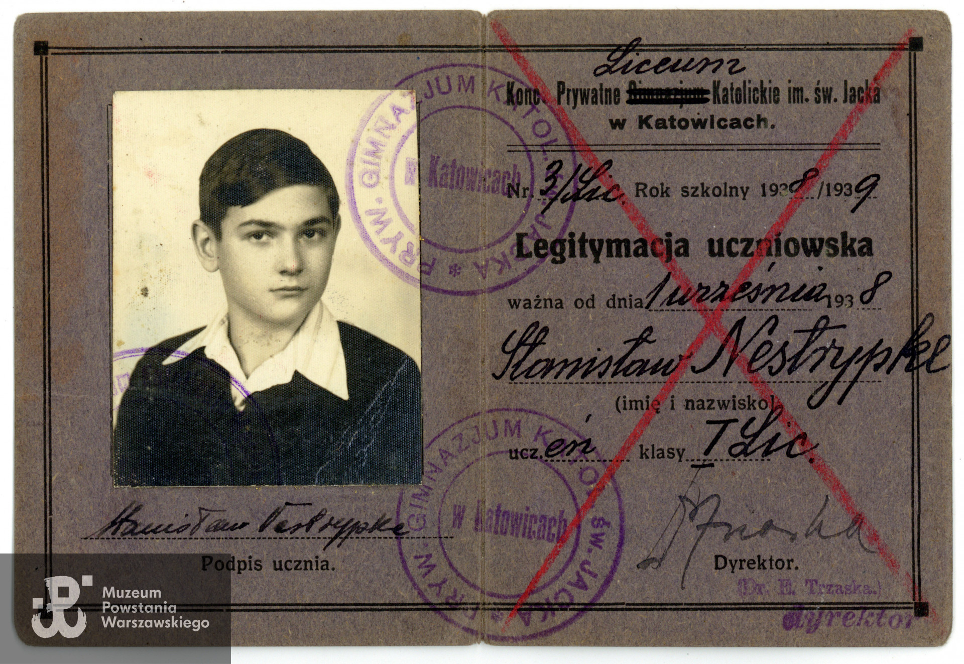 Legitymacja uczniowska Stanisława Nestrypke na rok szkolny 1938/1939 wydana przez Prywatne Gimnazjum i Liceum Katolickie im. św. Jacka w Katowicach. Ze zbiorów rodzinnych p. Stanisława Nestrypke, bratanka Powstańca.