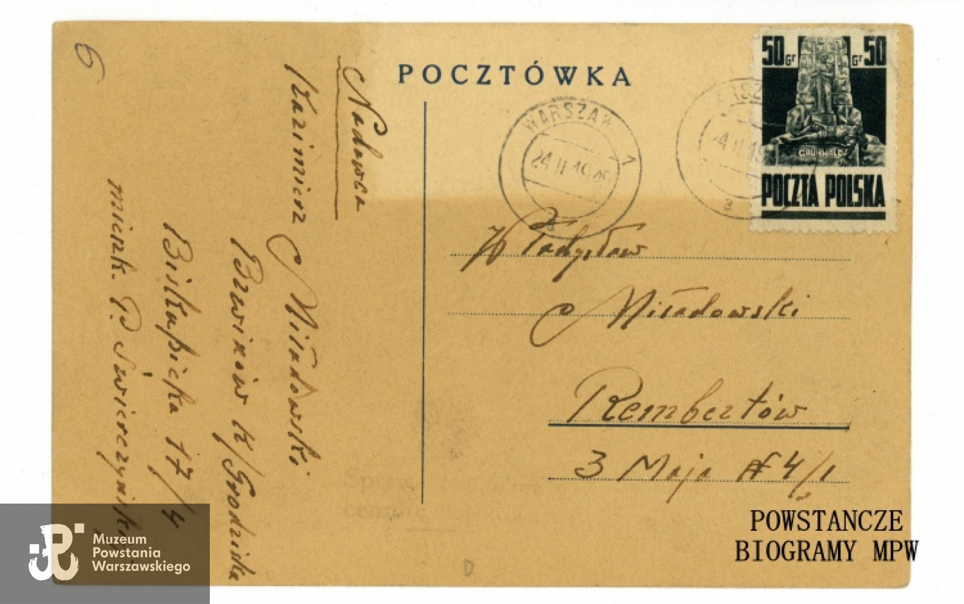 Karta pocztowa napisana przez Kazimierza Miładowskiego do Władysława Miładowskiego, z dn. 20.02.1945. Ze zbiorów Muzeum Powstania Warszawskiego, sygn.  P/8219