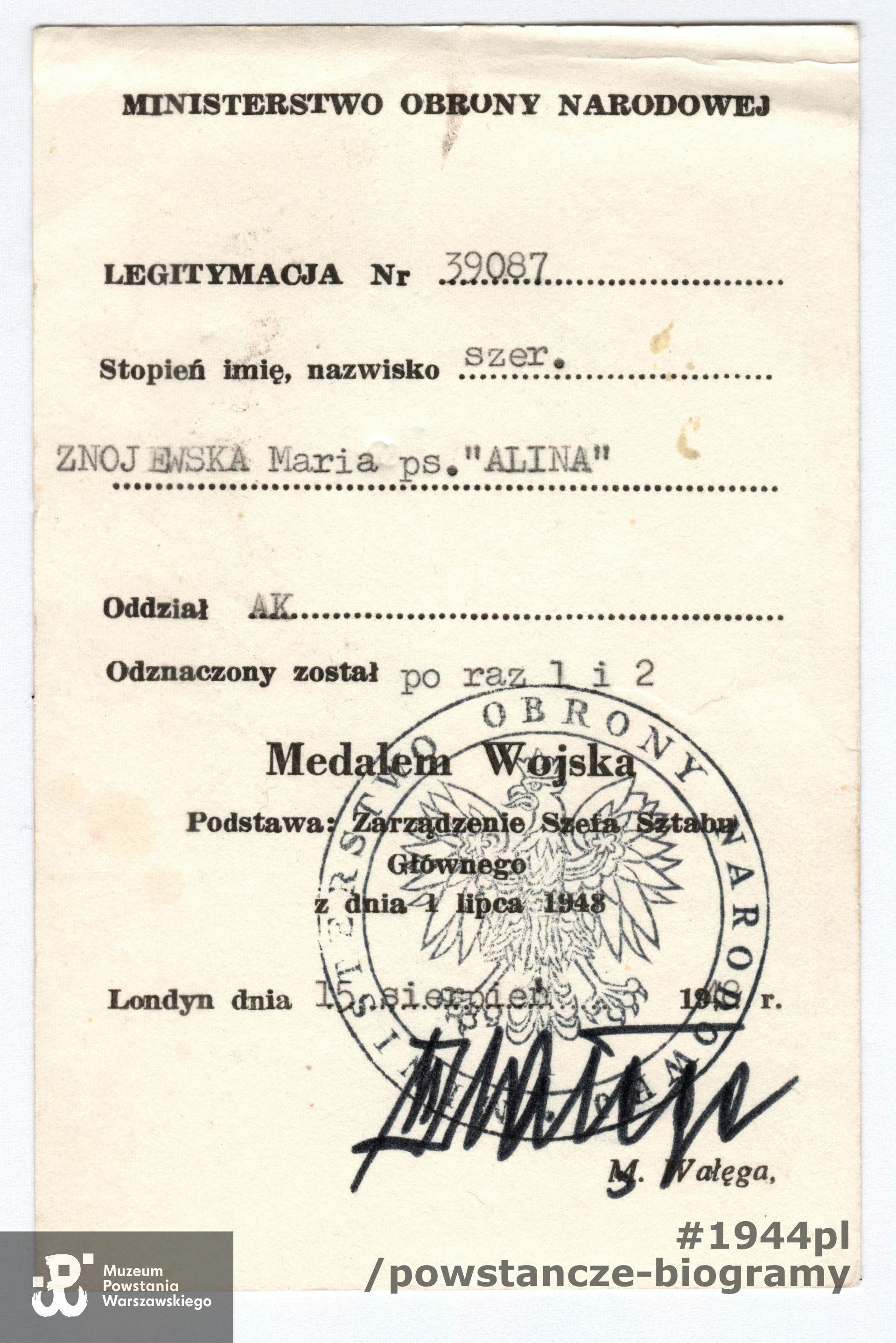 Legitymacja odznaczeniowa - Medal Wojska.  Ze zbiorów p. Marii Znojewskiej