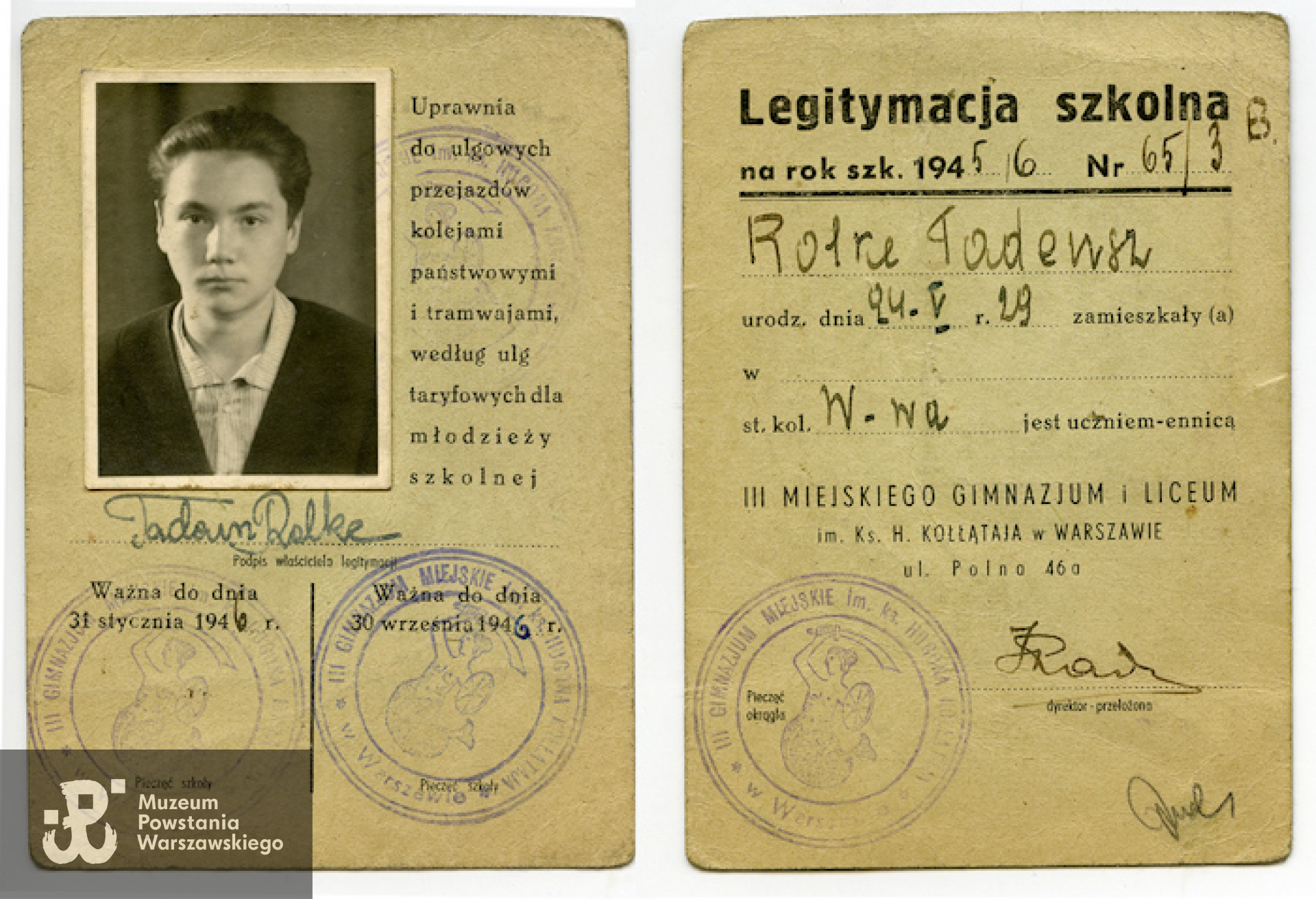   Legitymacja szkolna Tadeusza Rolke wystawiona na rok szkolny 1945/1946. Źródło: Archiwum Tadeusza Rolke.