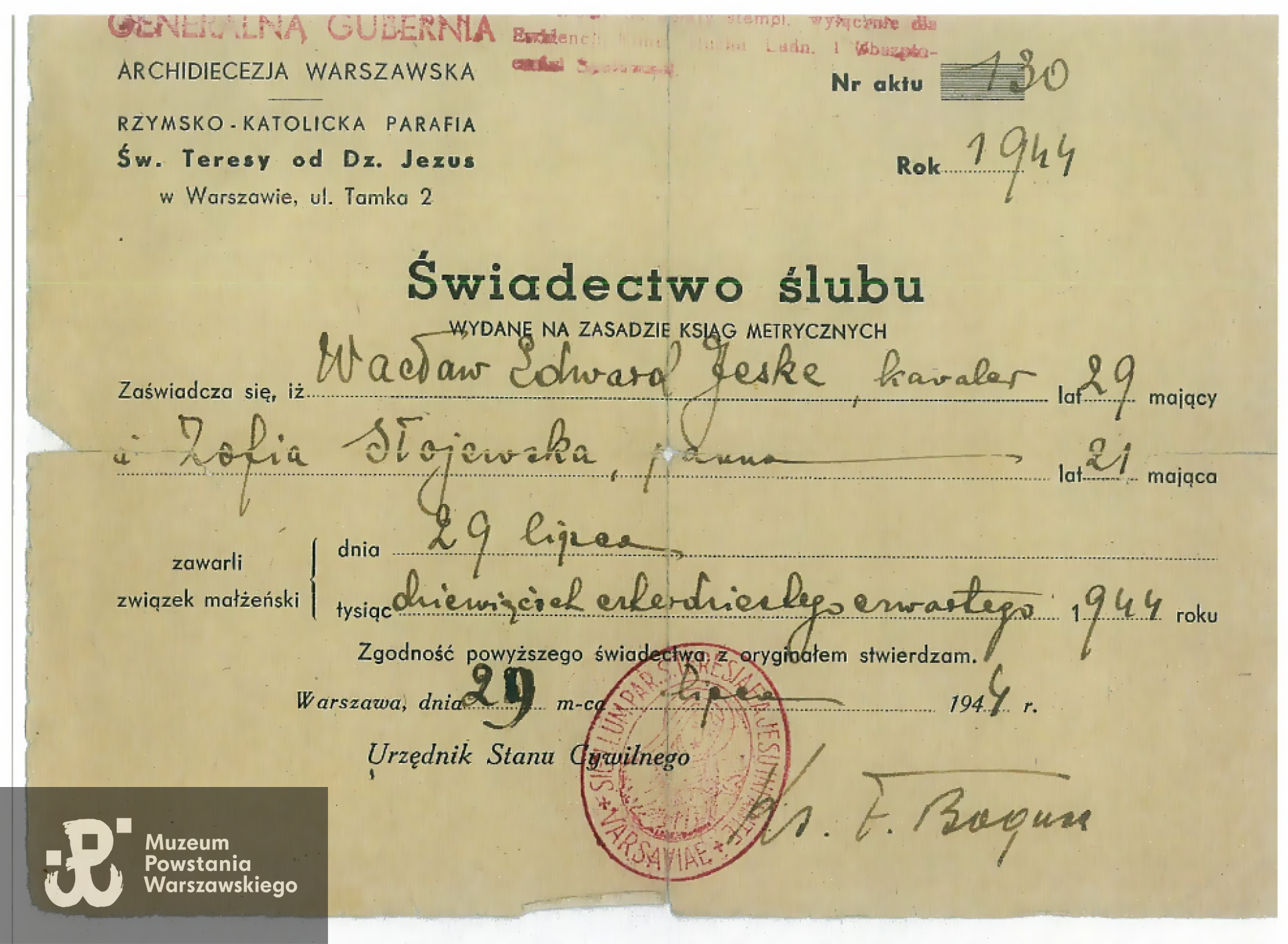 Świadectwo ślubu Wacława Jeske i Zofii ze Słojewskich. Skan udostępnił p. Przemysław Czarnocki.