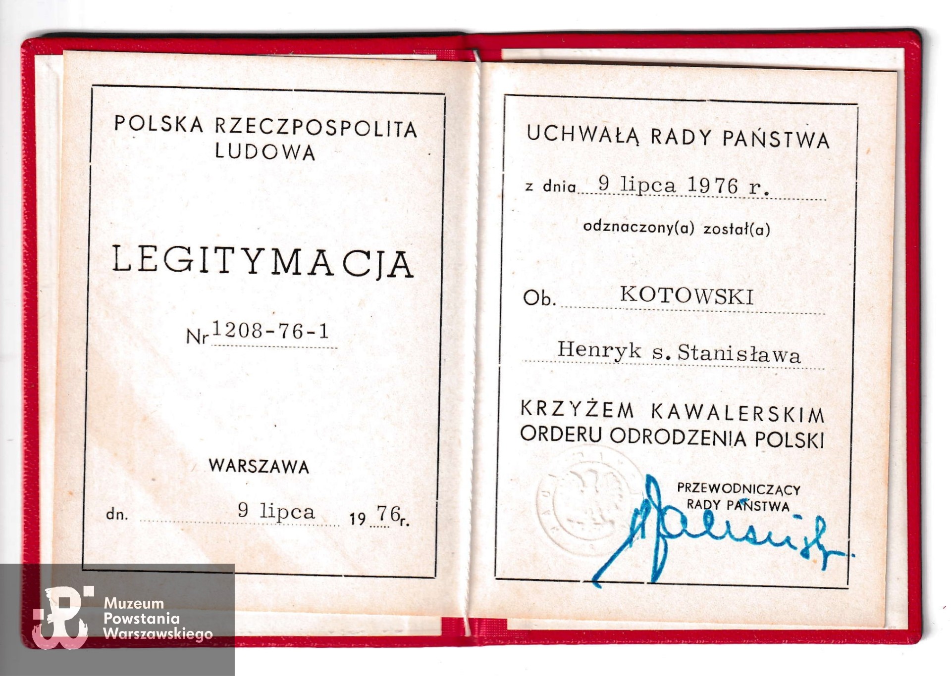 Legitymacja odznaczeniowa. Dokument ze zbiorów p. Stanisława Kotowskiego, syna Powstańca