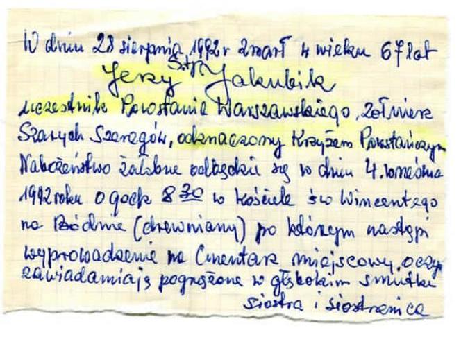 Odręczny zapis nekrologu nie żyjących już siostry i siostrzenicy Jerzego Jakubika z archiwum rodzinnego Haliny i Pawła Buczkowskich
