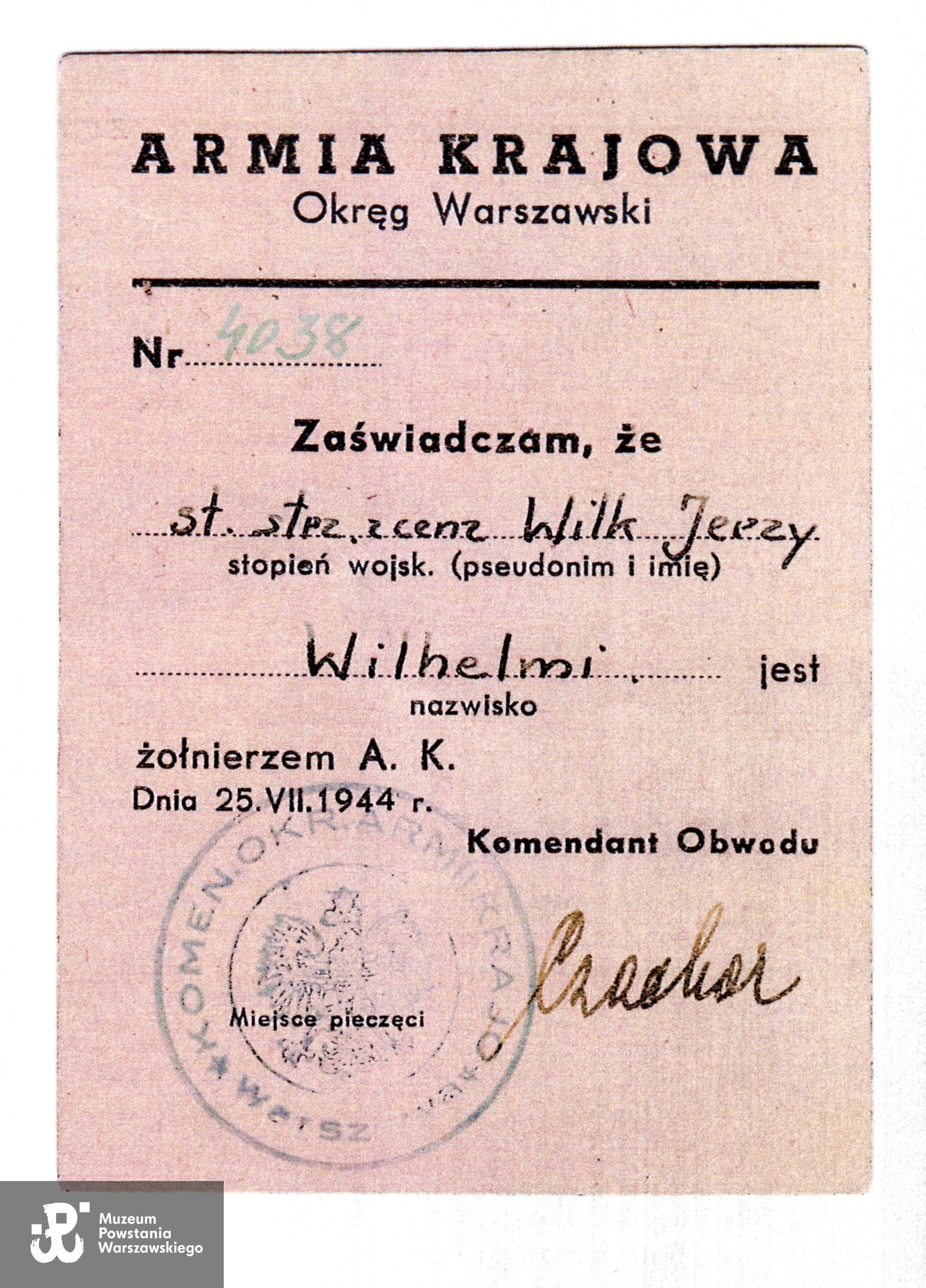 Skan z kserokopii,  Muzeum Powstania Warszawskiego, Teczki personalne uczestników Powstania Warszawskiego: Wilhelmi Jerzy. 