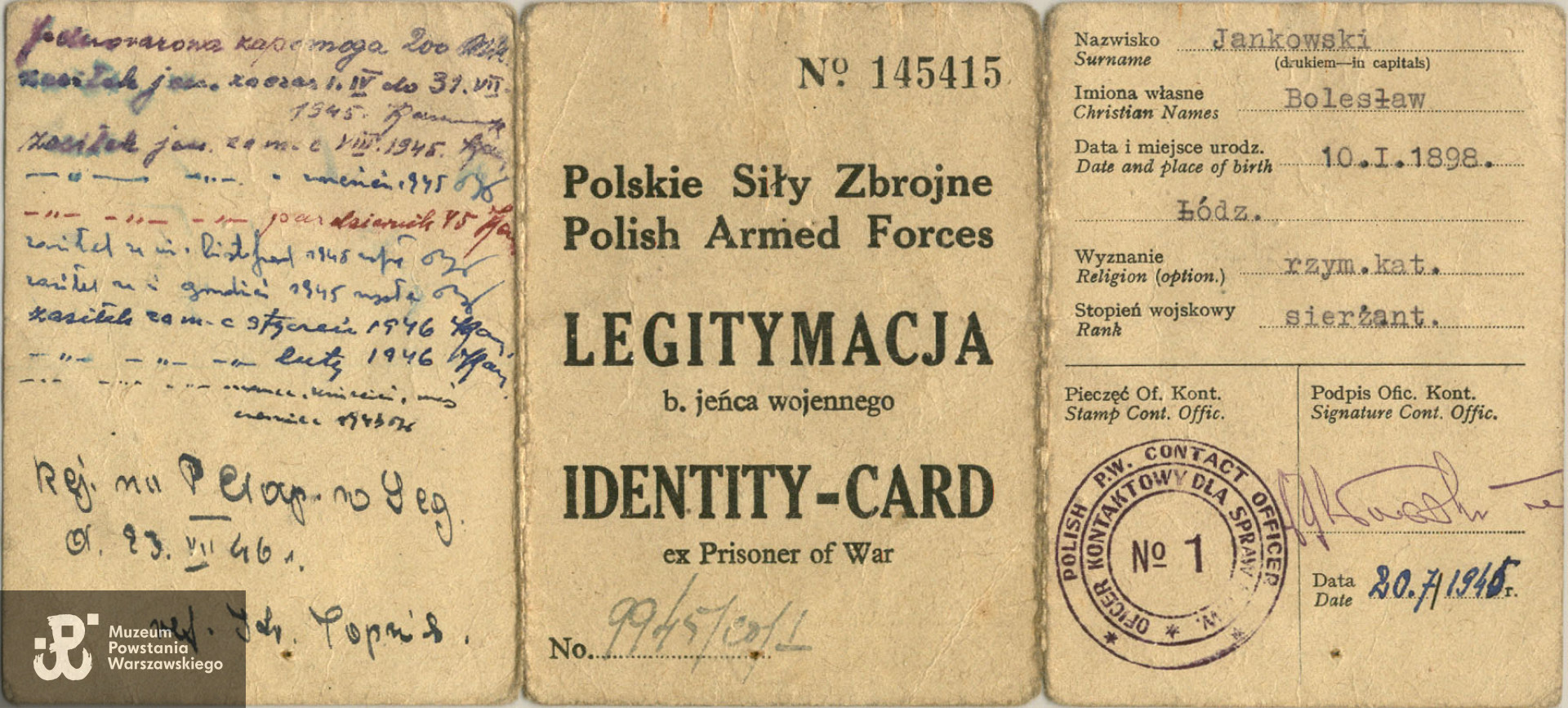 Legitymacja byłego jeńca wojennego - Polskie Siły Zbrojne na Zachodzie