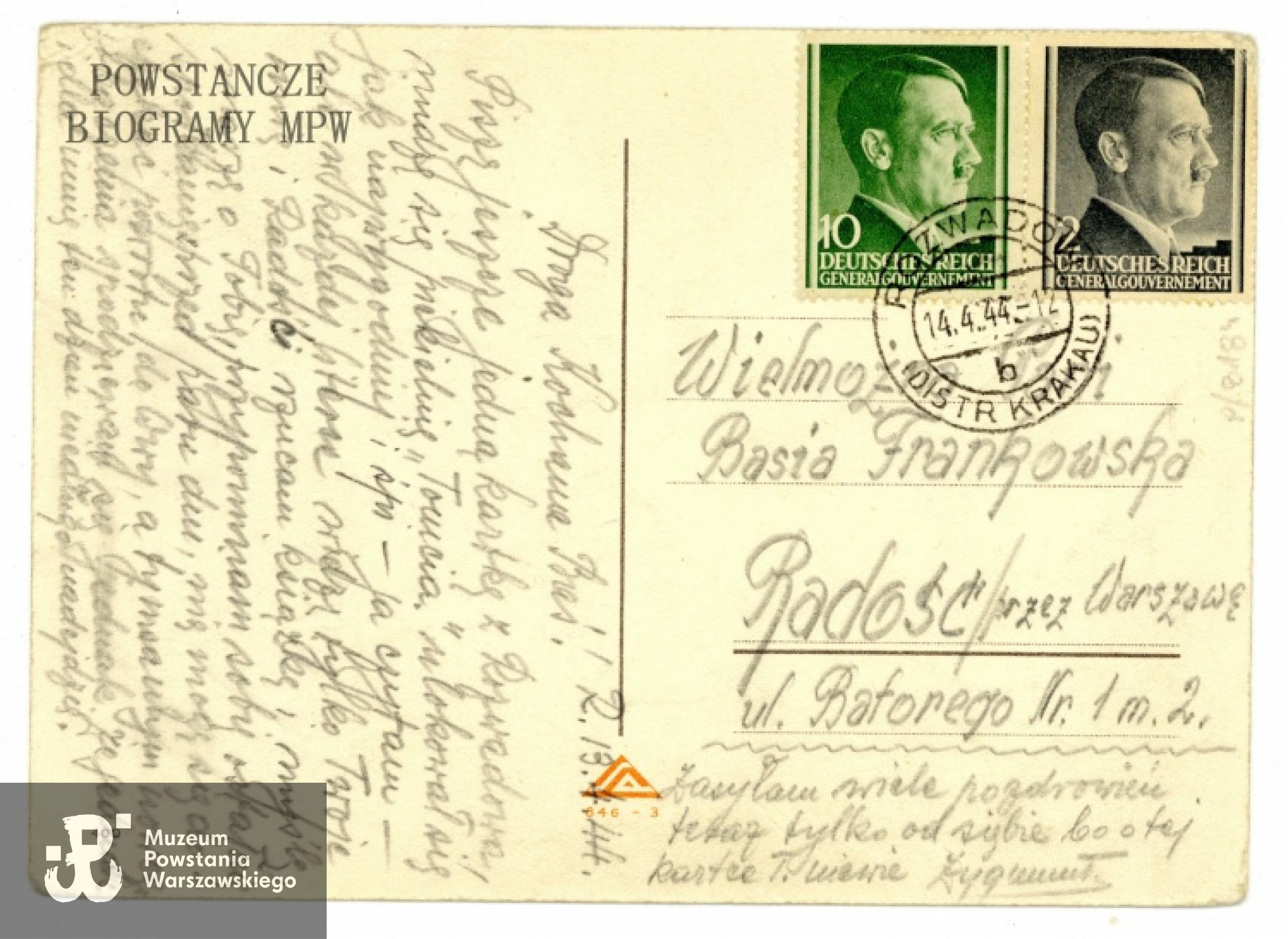 Kartki pocztowe napisane przez Zygmunta Dzieniewicza do Barbary Frankowskiej. Ze zbiorów Muzeum Powstania Warszawskiego, sygn. P/8184