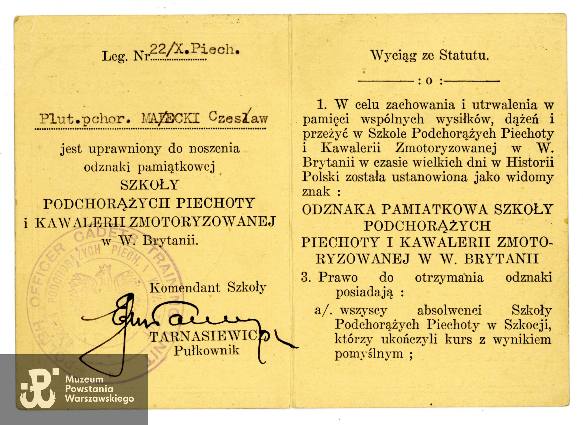 Legitymacja odznaczeniowa   Odznaki Pamiątkowej Szkoły Podchorążych Piechoty i Kawalerii Zmotoryzowanej w Wielkiej Brytanii